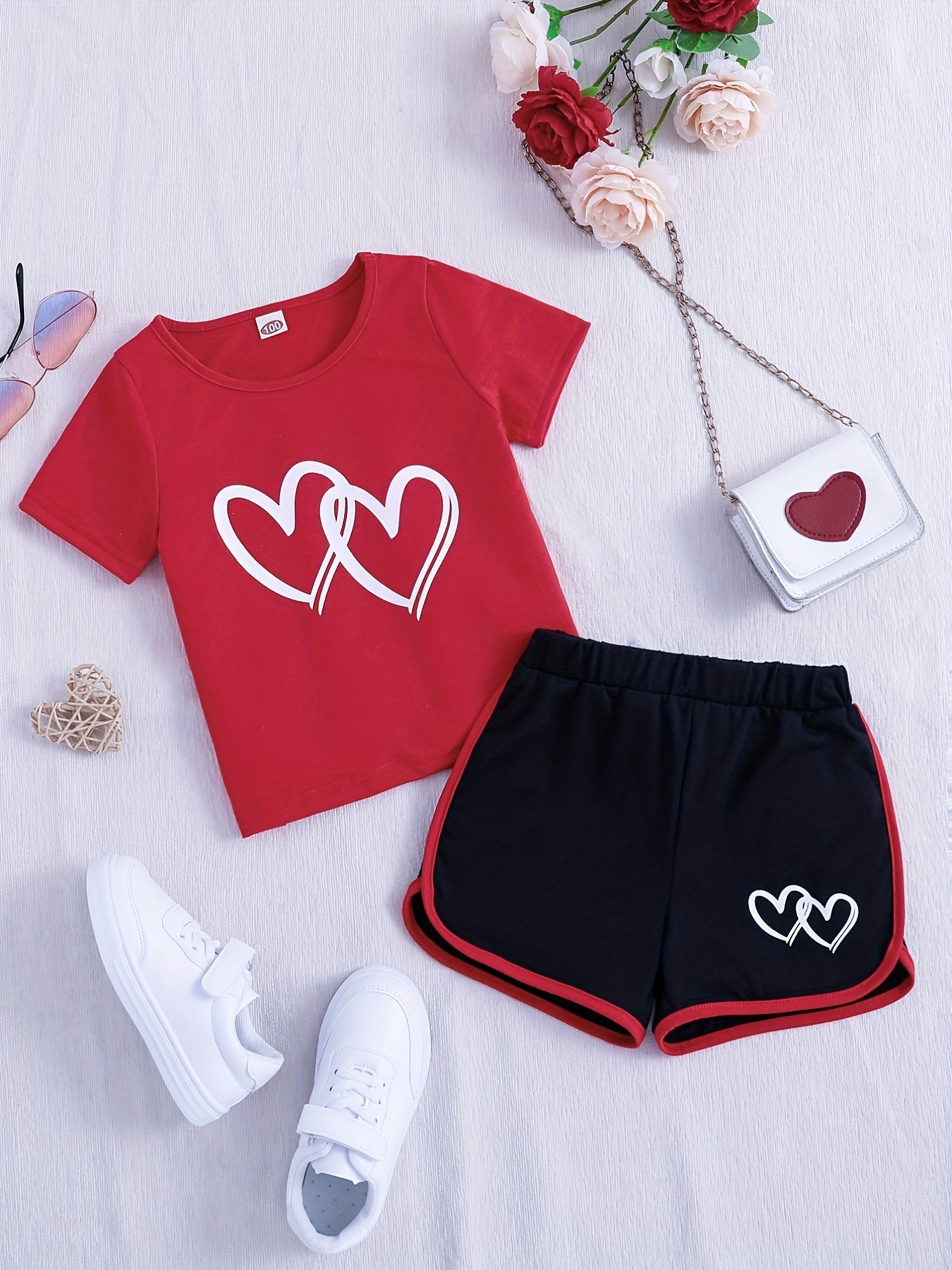 1 pcs Adorable Toddler Girls' Heart Graphic Tees - Casual Round Neck, Contrast Binding, Breathable Fabric, Comfortable Fit - Summer Outfit, Track Shorts, Kids' Wardrobe Essentia