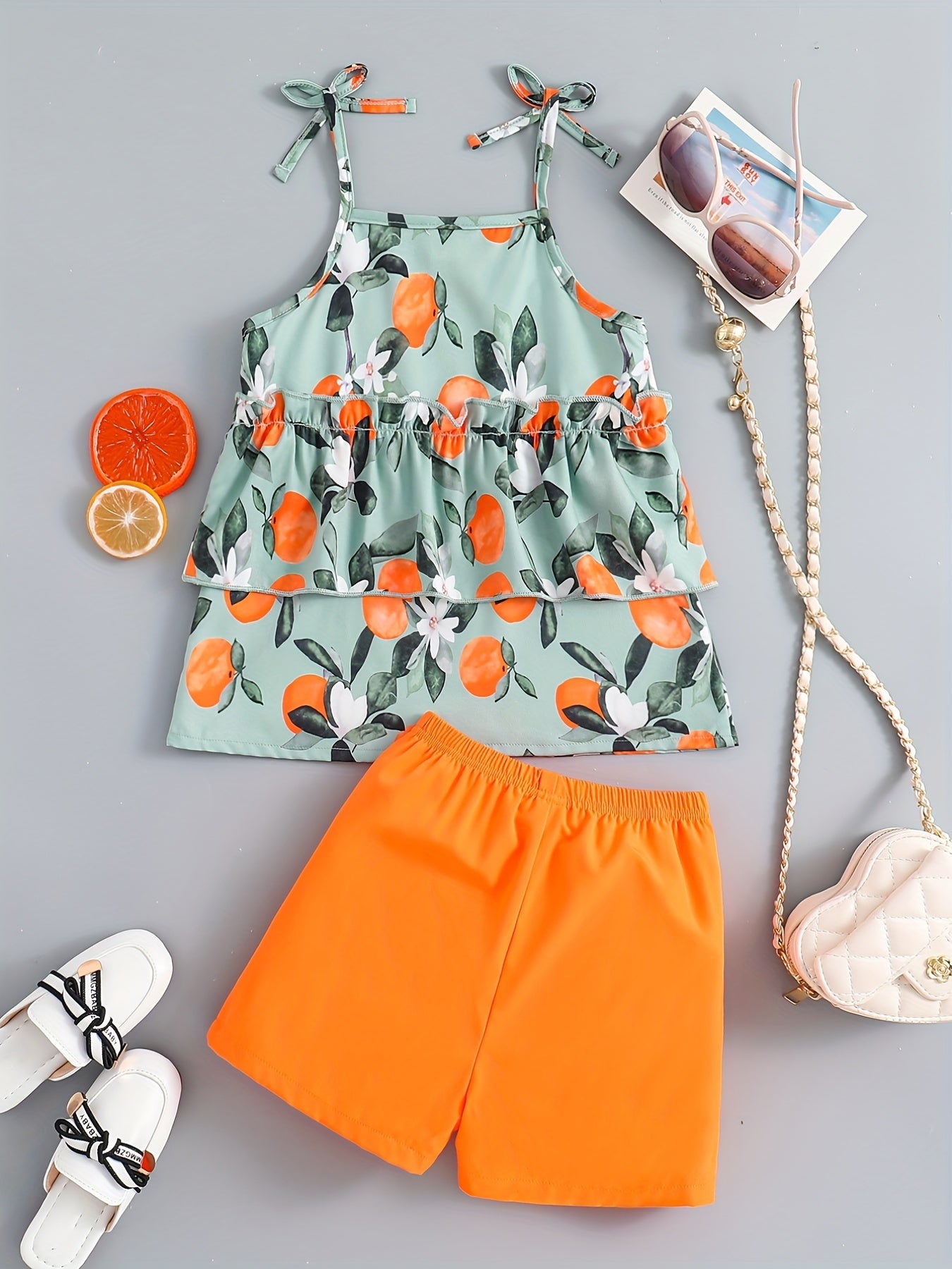 2pcs Girls Fruit Print Layered Hem Bow Cami Top & Elastic Waist Shorts Set Kids Summer Clothes