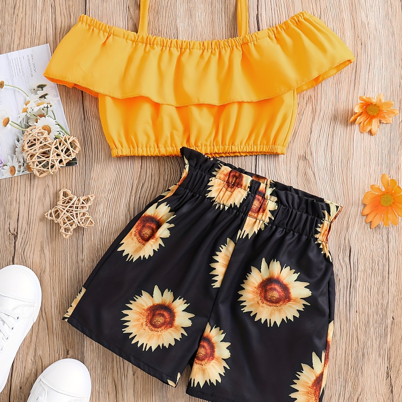 2pcs Toddler Girls Ruffle Trim Cold Shoulder Crop Top & Sunflower Graphic Shorts Set Kids Summer Clothes