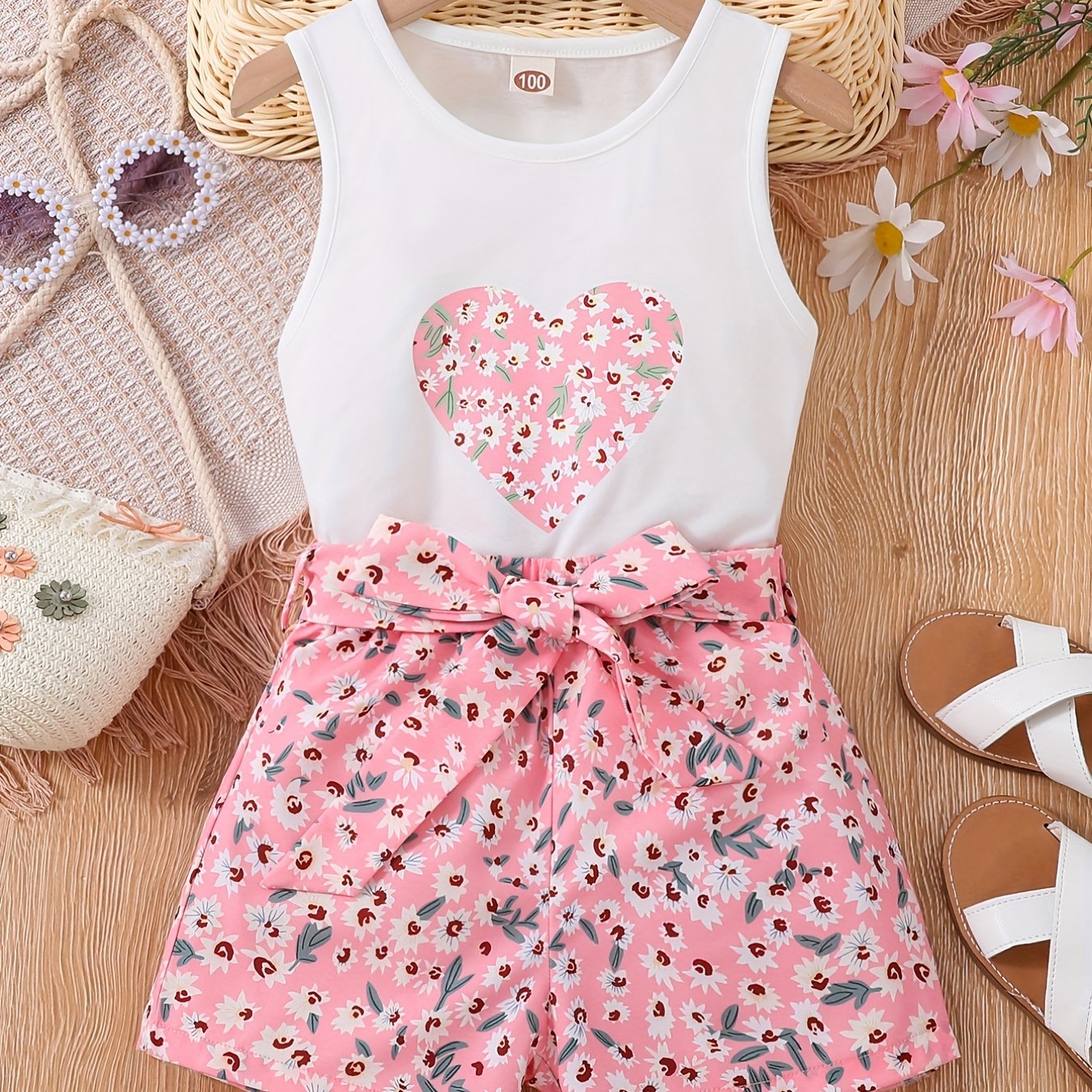 Girls 2pcs Round Neck Sleeveless Tank Top & Elastic Waist Shorts With Belt Floral Love Print Casual Kids Clothes Summer