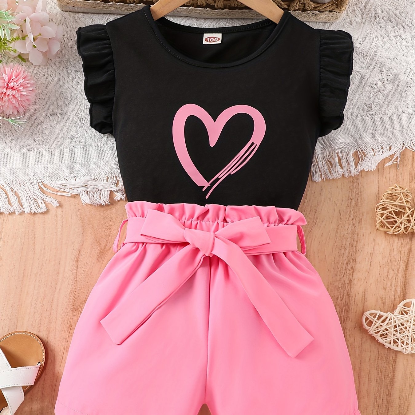 2pcs Girls Daily Casual Heart Print Crew Neck Sleeveless Top & Bow Shorts With Belt For Summer Kids Clothes