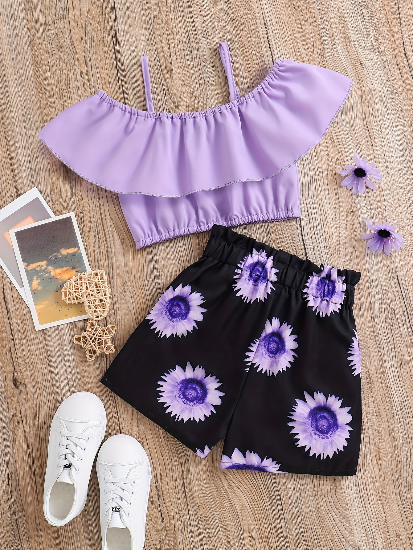 2pcs Toddler Girls Ruffle Trim Cold Shoulder Crop Top & Sunflower Graphic Shorts Set Kids Summer Clothes