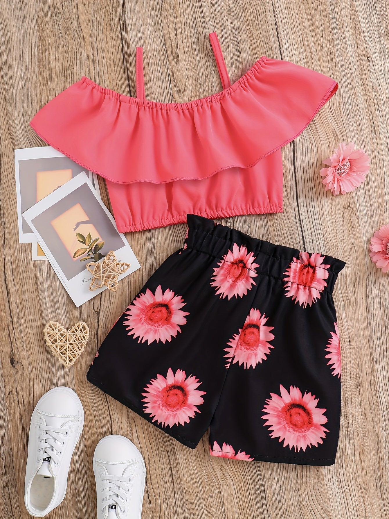 2pcs Toddler Girls Ruffle Trim Cold Shoulder Crop Top & Sunflower Graphic Shorts Set Kids Summer Clothes