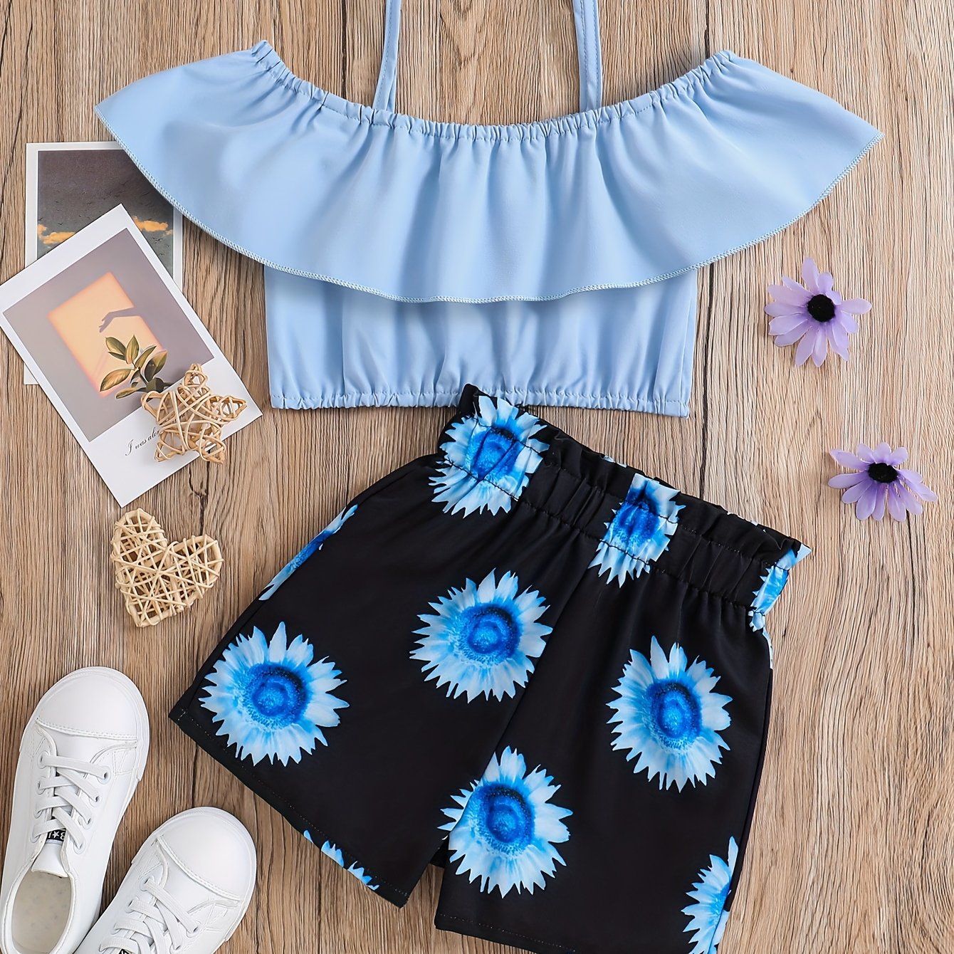 2pcs Toddler Girls Ruffle Trim Cold Shoulder Crop Top & Sunflower Graphic Shorts Set Kids Summer Clothes