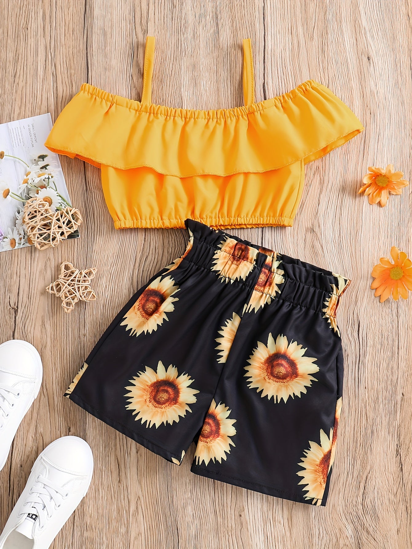 2pcs Toddler Girls Ruffle Trim Cold Shoulder Crop Top & Sunflower Graphic Shorts Set Kids Summer Clothes
