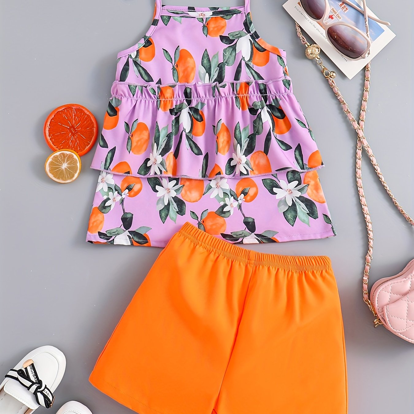 2pcs Girls Fruit Print Layered Hem Bow Cami Top & Elastic Waist Shorts Set Kids Summer Clothes