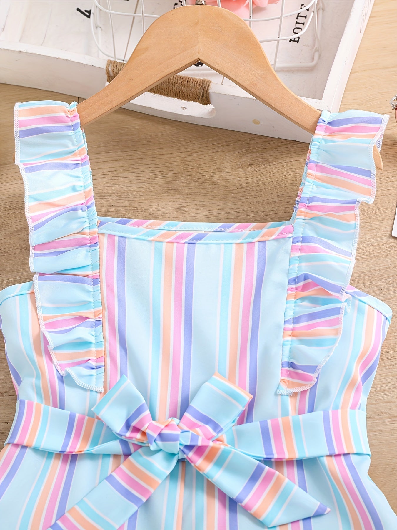 Girls Sleeveless Ruffle Trim Romper Striped Jumpsuit With Belt Kids Summer Clothes