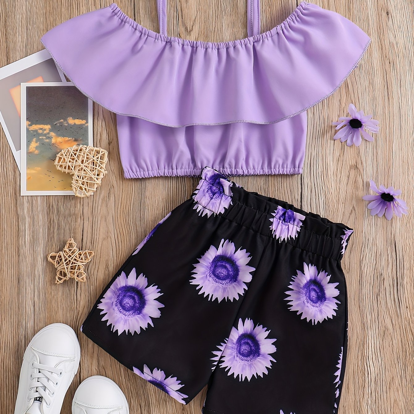 2pcs Toddler Girls Ruffle Trim Cold Shoulder Crop Top & Sunflower Graphic Shorts Set Kids Summer Clothes
