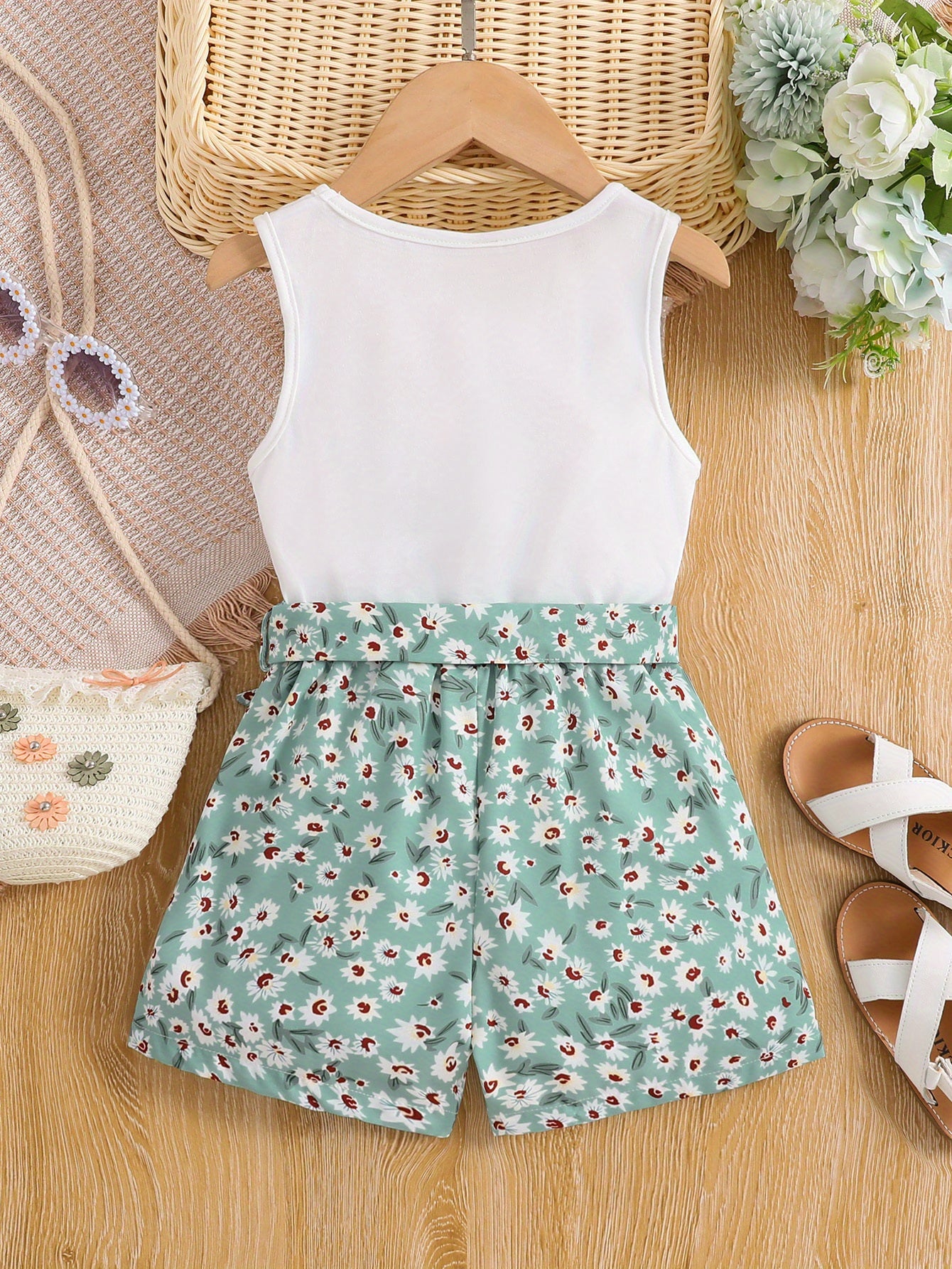 Girls 2pcs Round Neck Sleeveless Tank Top & Elastic Waist Shorts With Belt Floral Love Print Casual Kids Clothes Summer