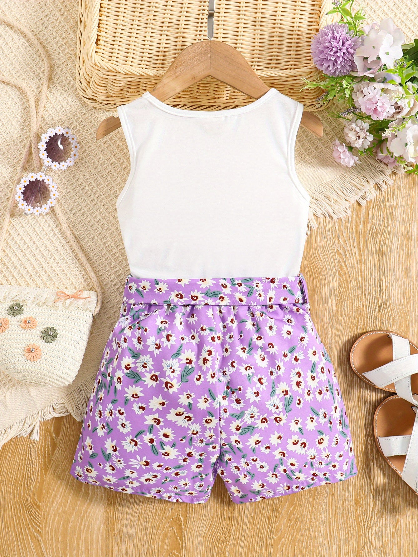 Girls 2pcs Round Neck Sleeveless Tank Top & Elastic Waist Shorts With Belt Floral Love Print Casual Kids Clothes Summer