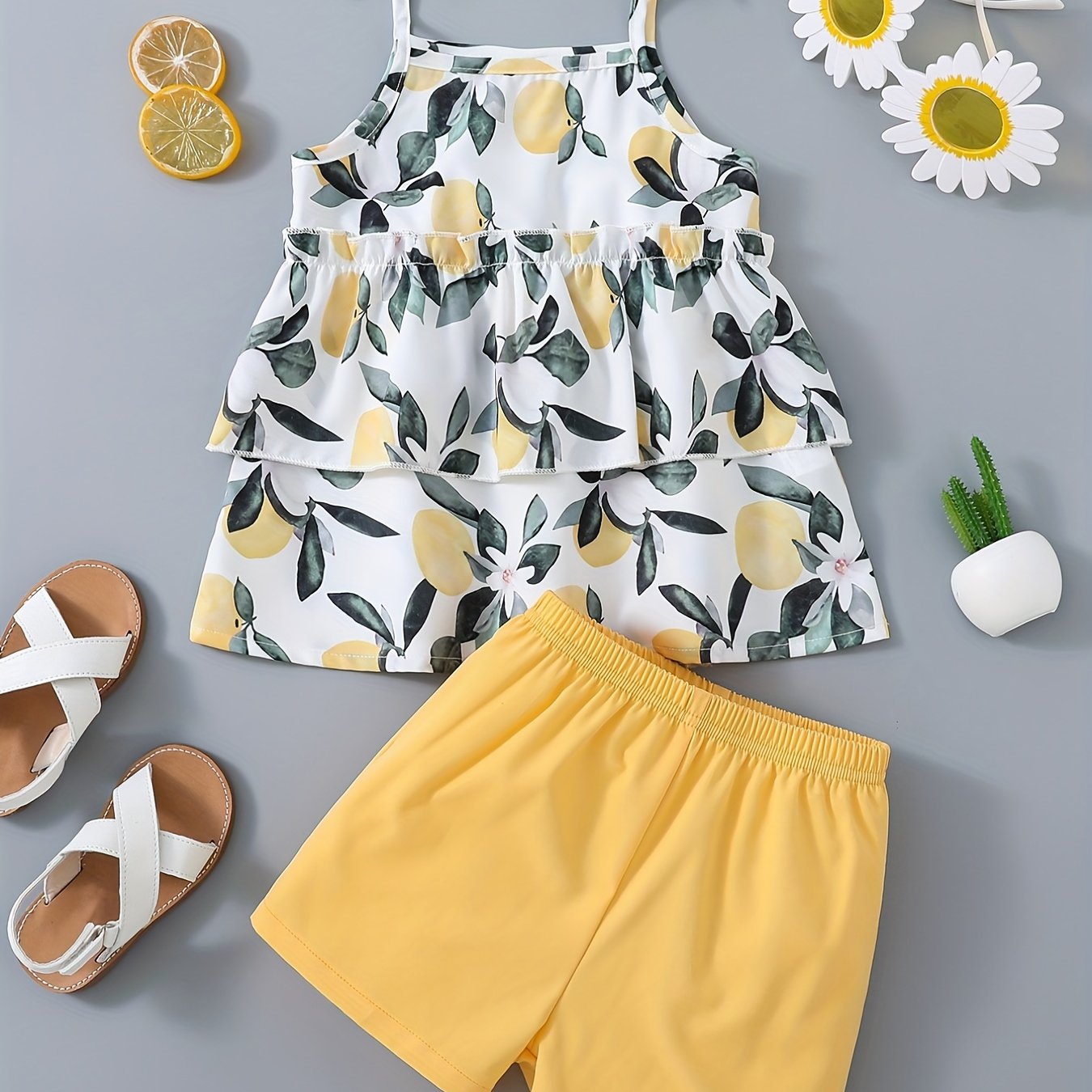 2pcs Girls Fruit Print Layered Hem Bow Cami Top & Elastic Waist Shorts Set Kids Summer Clothes