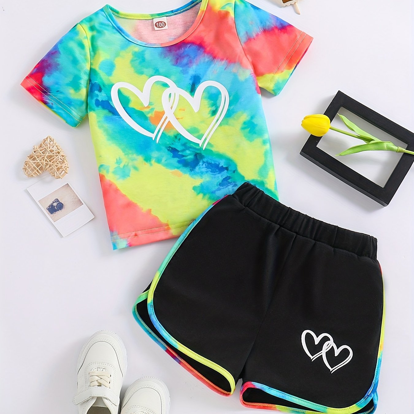 1 pcs Adorable Toddler Girls' Heart Graphic Tees - Casual Round Neck, Contrast Binding, Breathable Fabric, Comfortable Fit - Summer Outfit, Track Shorts, Kids' Wardrobe Essentia