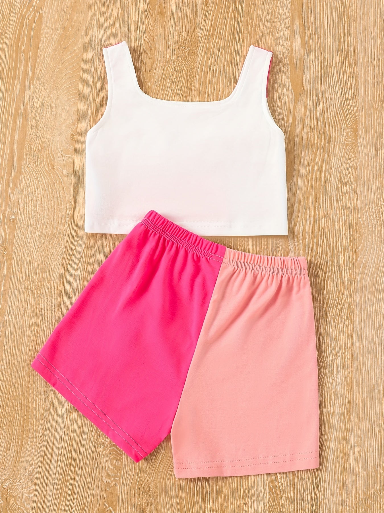 2pcs Toddler Girls Color Block Cami Tops & Bow Elastic Waist Plaid Shorts Set Kids Summer Clothes