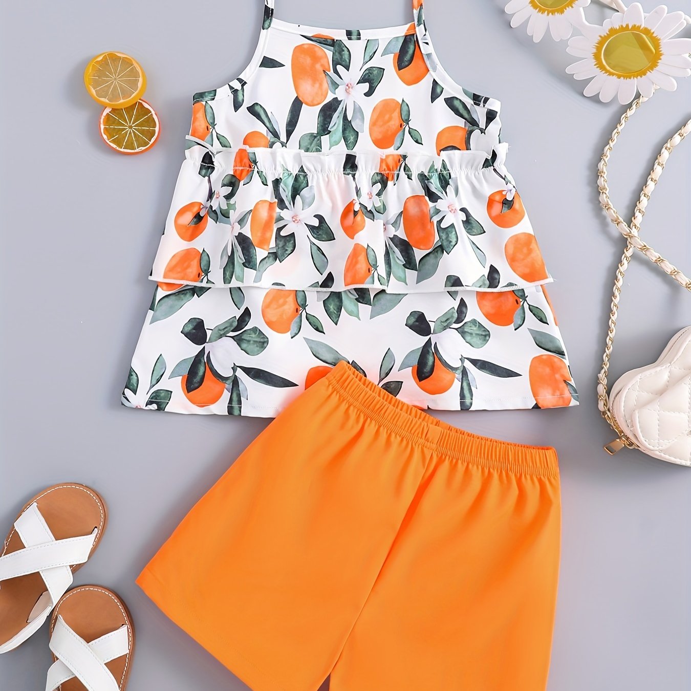 2pcs Girls Fruit Print Layered Hem Bow Cami Top & Elastic Waist Shorts Set Kids Summer Clothes