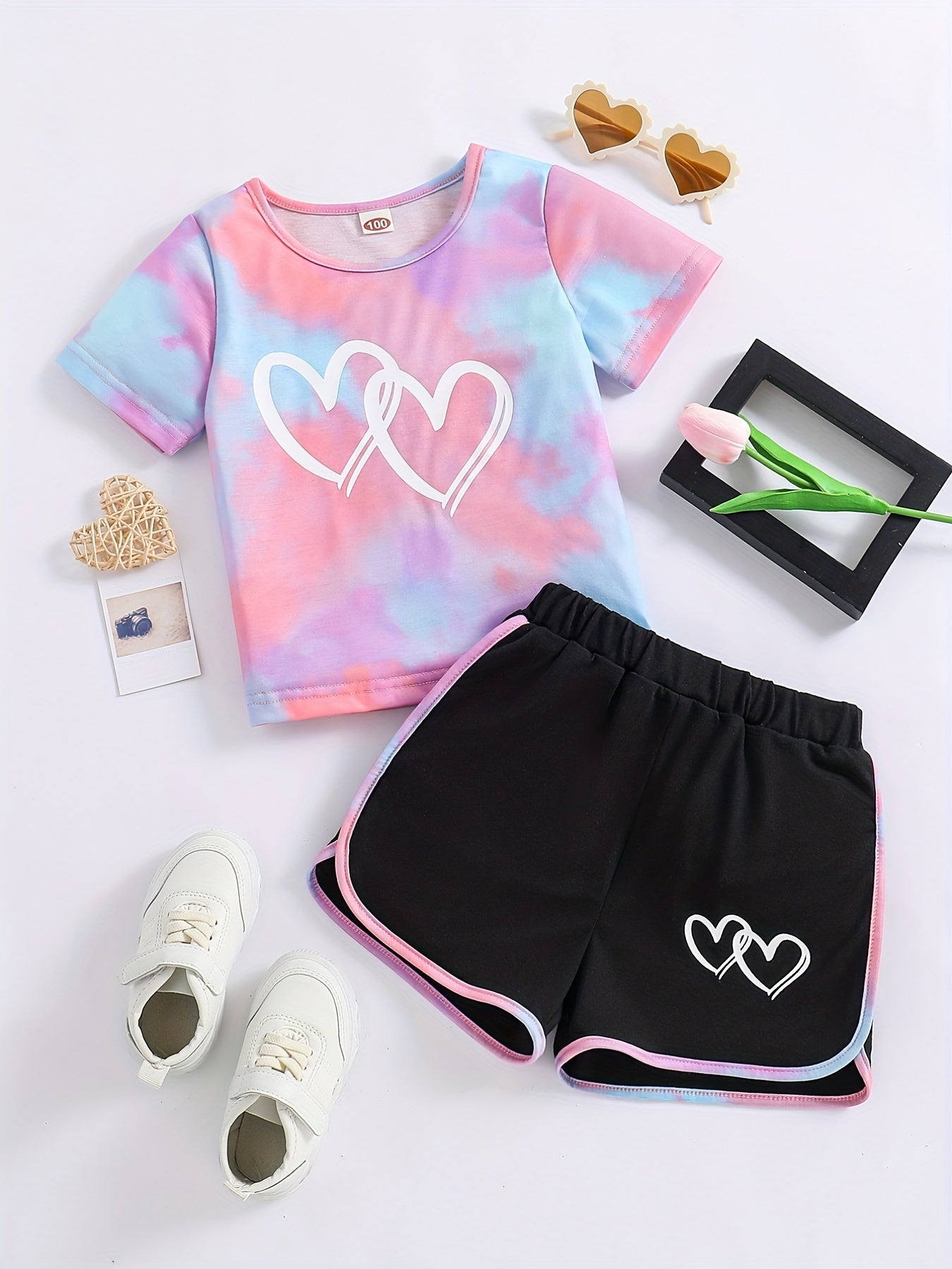 1 pcs Adorable Toddler Girls' Heart Graphic Tees - Casual Round Neck, Contrast Binding, Breathable Fabric, Comfortable Fit - Summer Outfit, Track Shorts, Kids' Wardrobe Essentia