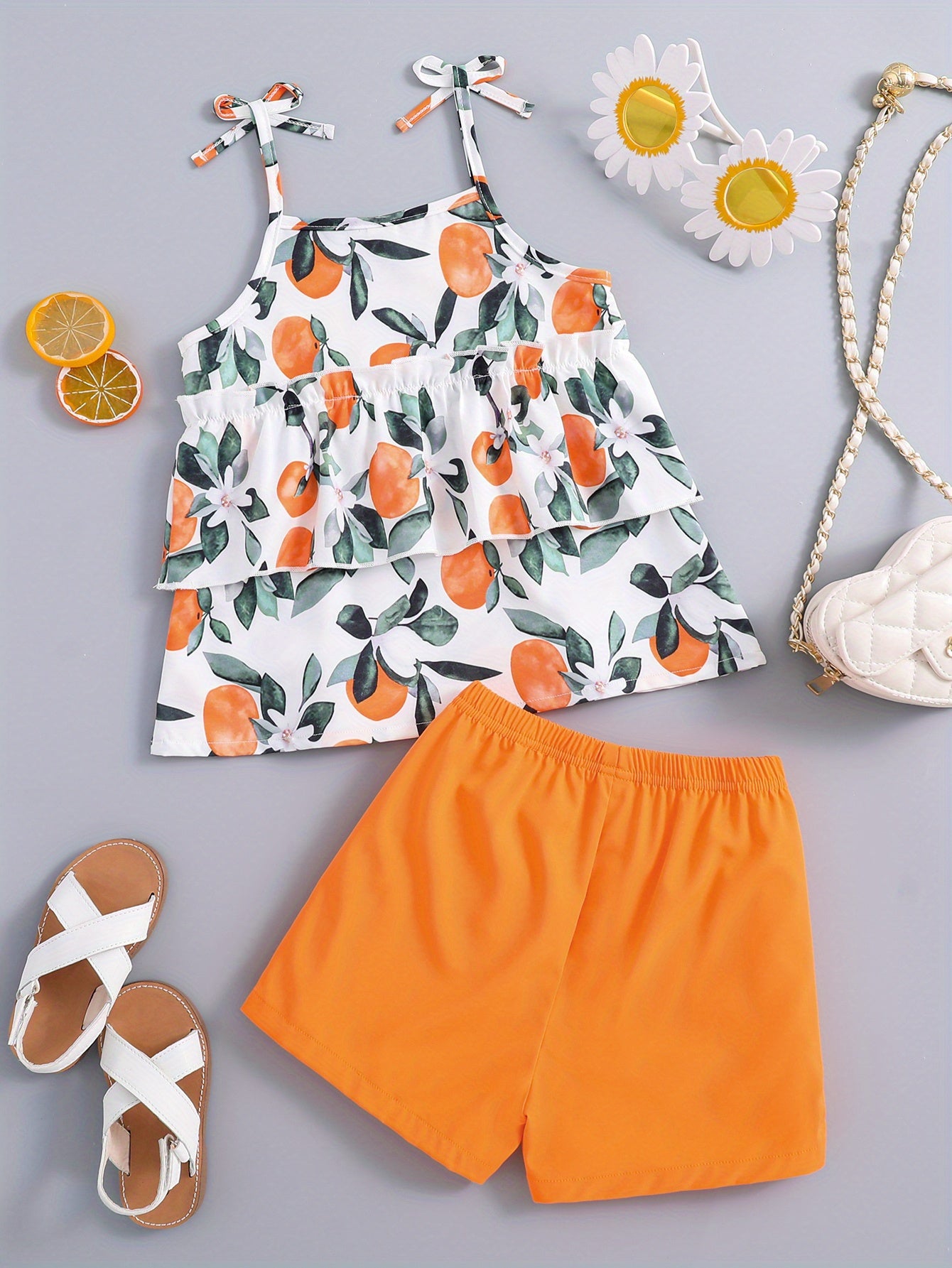 2pcs Girls Fruit Print Layered Hem Bow Cami Top & Elastic Waist Shorts Set Kids Summer Clothes