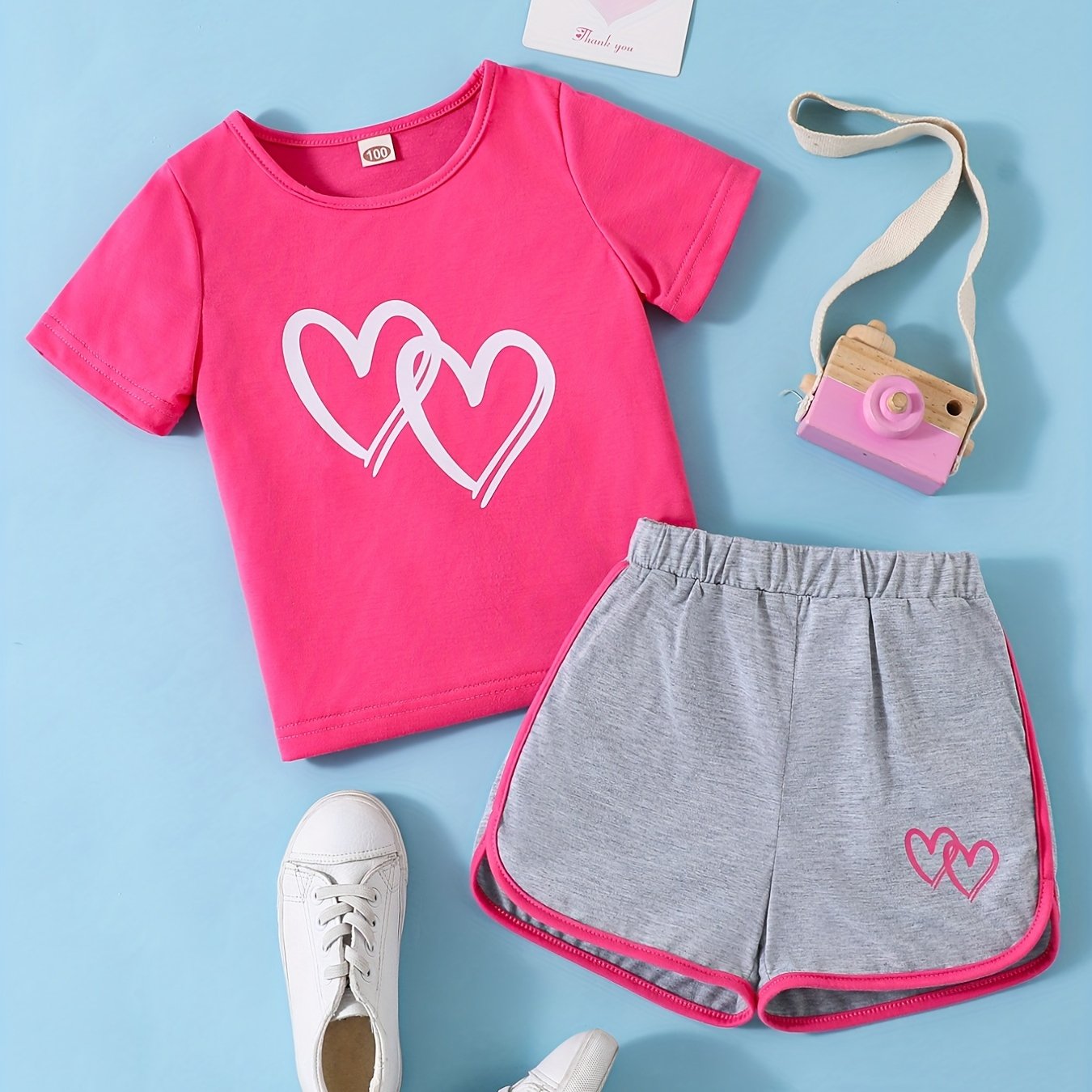 1 pcs Adorable Toddler Girls' Heart Graphic Tees - Casual Round Neck, Contrast Binding, Breathable Fabric, Comfortable Fit - Summer Outfit, Track Shorts, Kids' Wardrobe Essentia