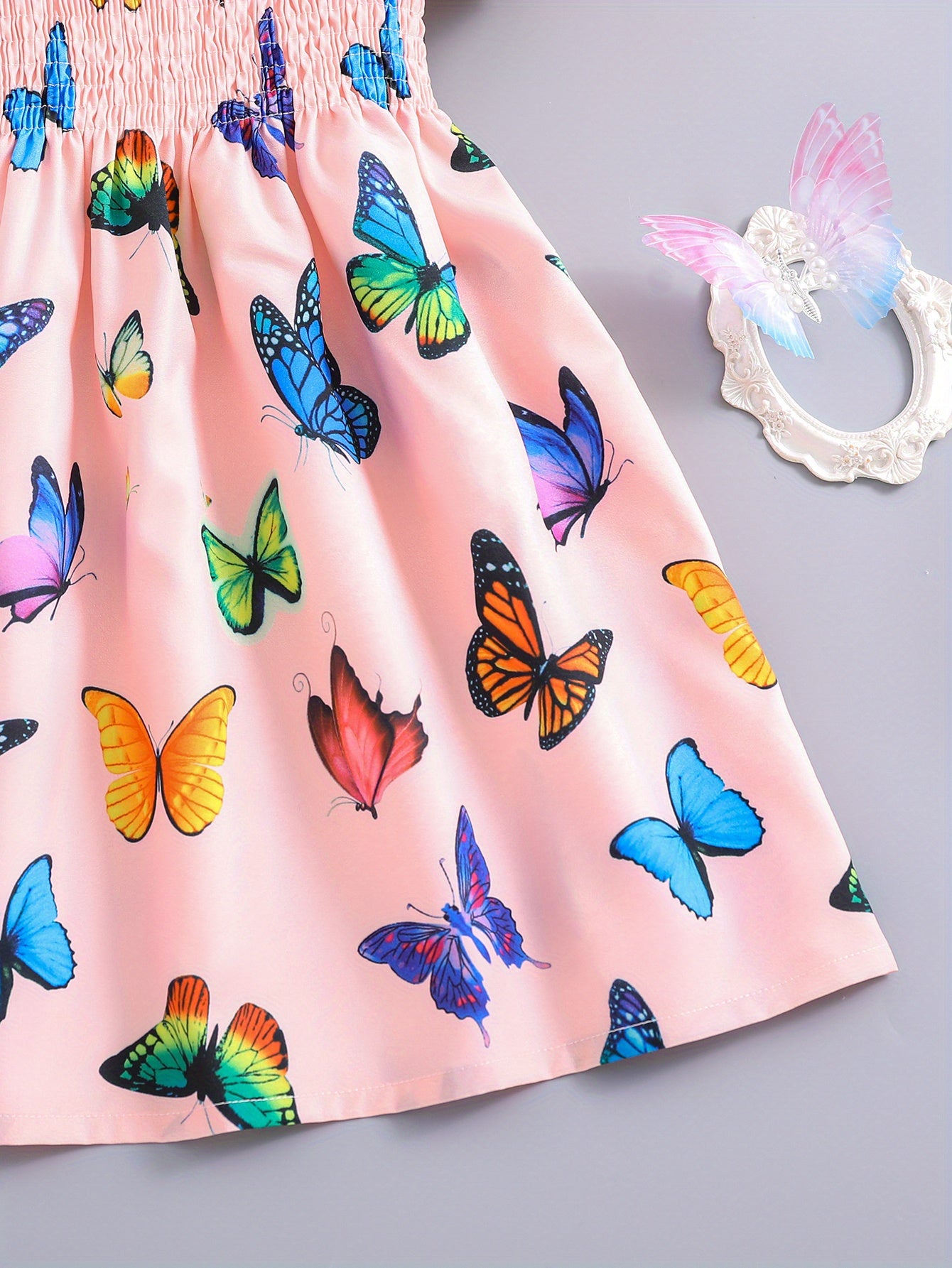 Girls Shirred Puff Sleeve Frill Trim Butterfly Pattern Party Dress Kids Summer Clothes