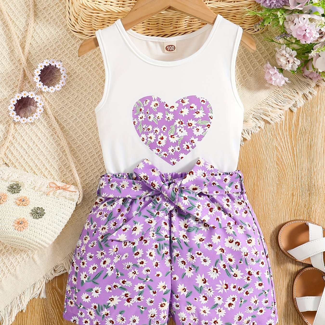Girls 2pcs Round Neck Sleeveless Tank Top & Elastic Waist Shorts With Belt Floral Love Print Casual Kids Clothes Summer