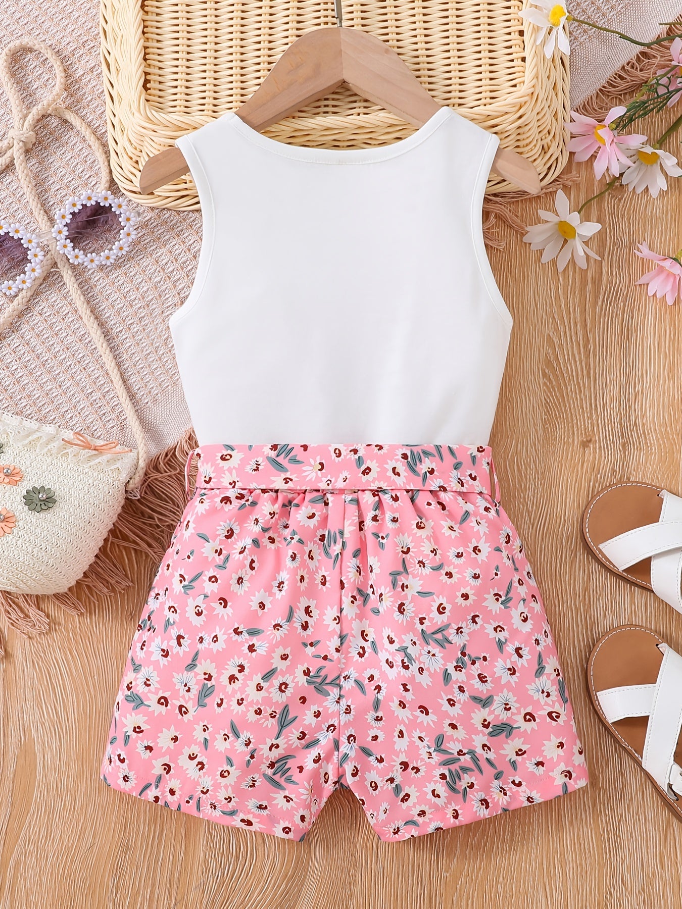 Girls 2pcs Round Neck Sleeveless Tank Top & Elastic Waist Shorts With Belt Floral Love Print Casual Kids Clothes Summer