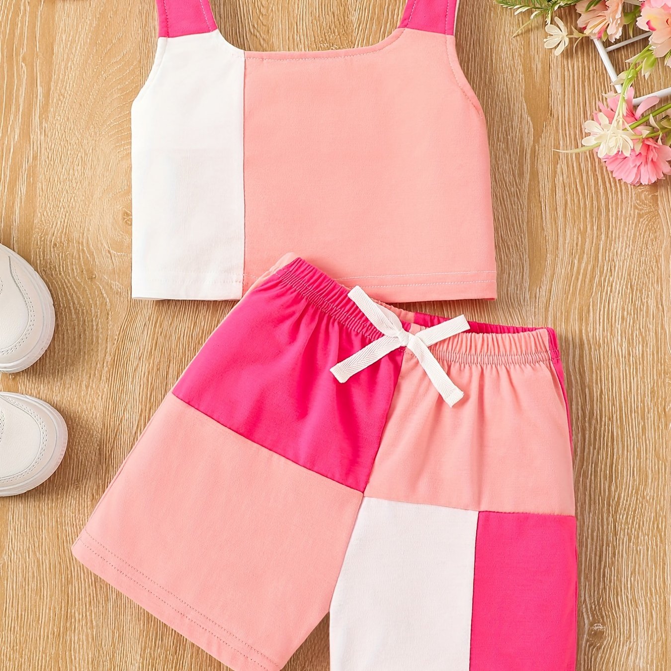2pcs Toddler Girls Color Block Cami Tops & Bow Elastic Waist Plaid Shorts Set Kids Summer Clothes