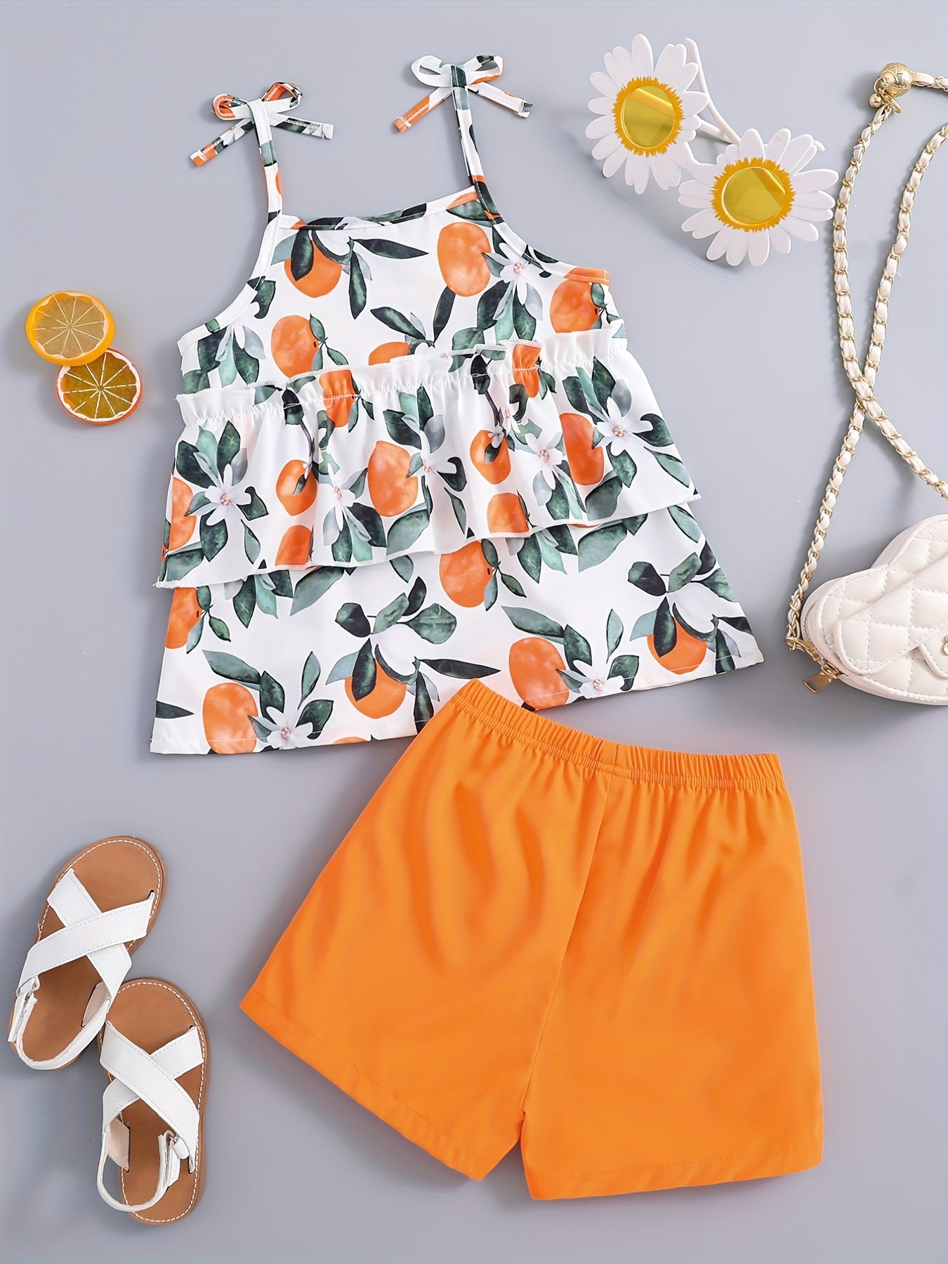 2pcs Girls Fruit Print Layered Hem Bow Cami Top & Elastic Waist Shorts Set Kids Summer Clothes