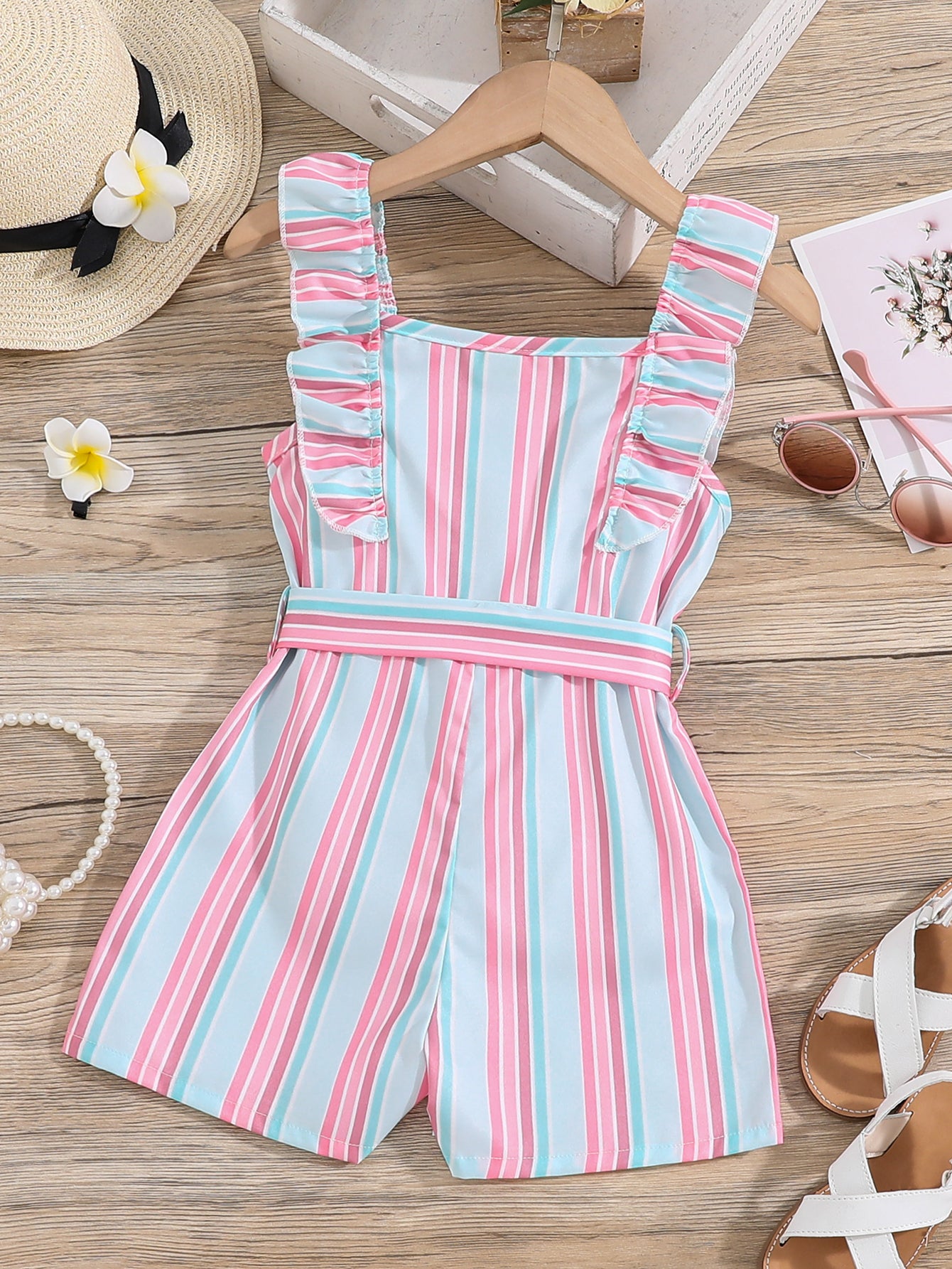 Girls Sleeveless Ruffle Trim Romper Striped Jumpsuit With Belt Kids Summer Clothes