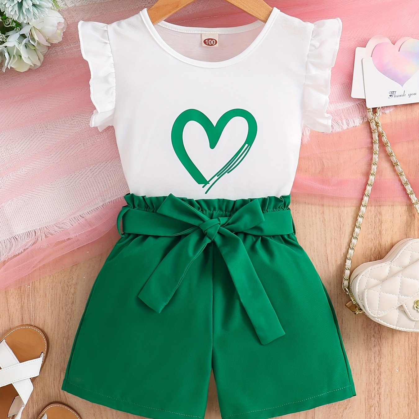 2pcs Girls Daily Casual Heart Print Crew Neck Sleeveless Top & Bow Shorts With Belt For Summer Kids Clothes