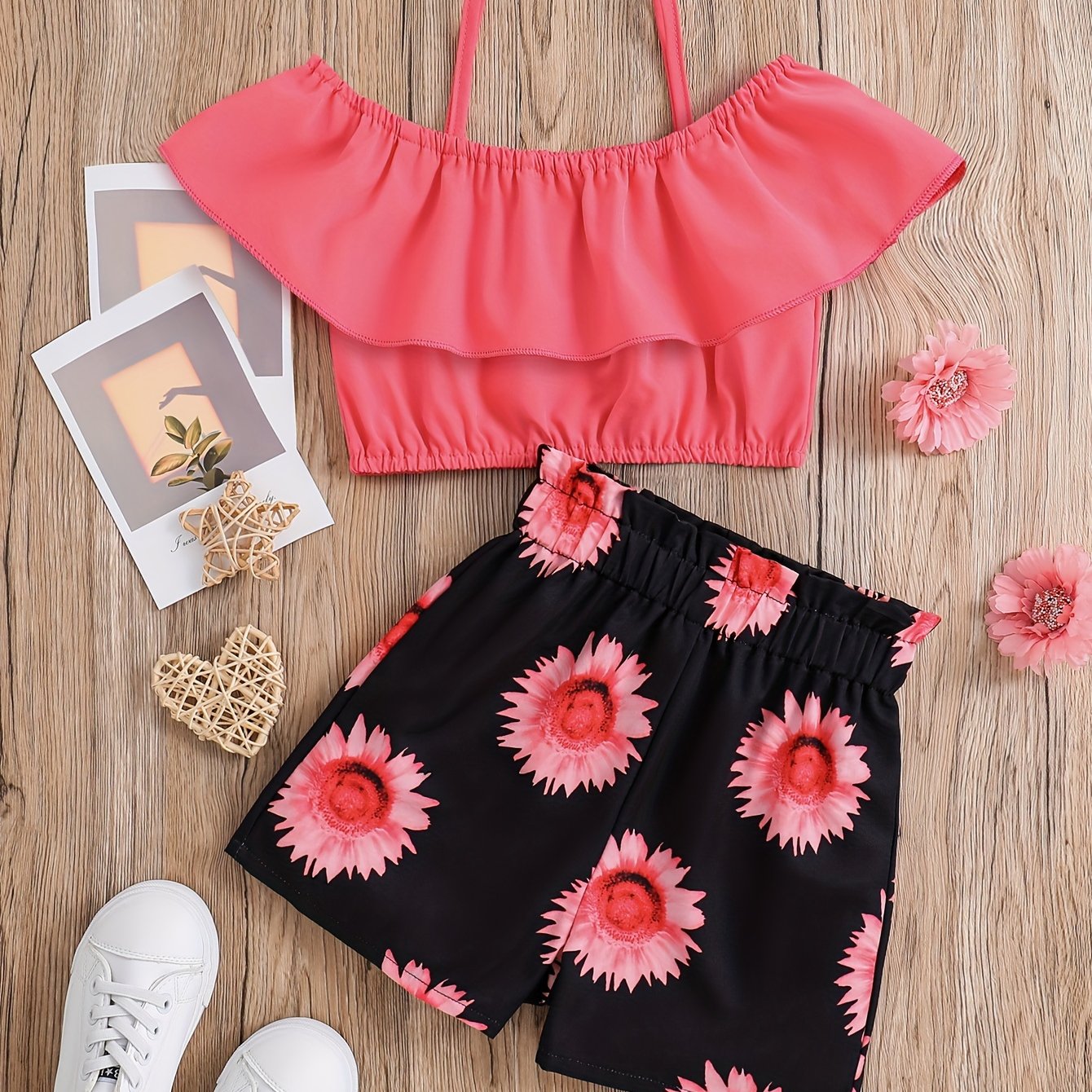 2pcs Toddler Girls Ruffle Trim Cold Shoulder Crop Top & Sunflower Graphic Shorts Set Kids Summer Clothes