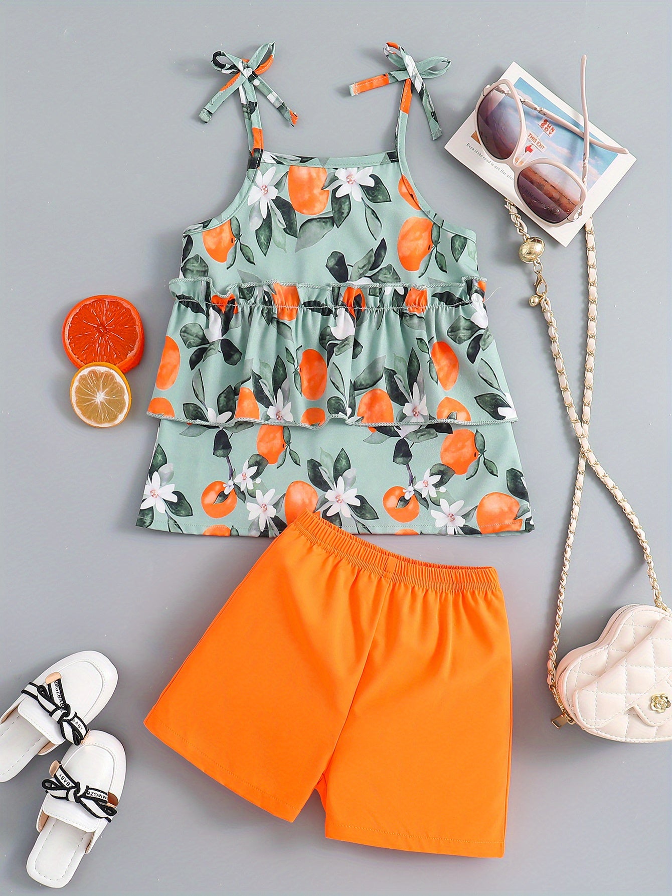 2pcs Girls Fruit Print Layered Hem Bow Cami Top & Elastic Waist Shorts Set Kids Summer Clothes