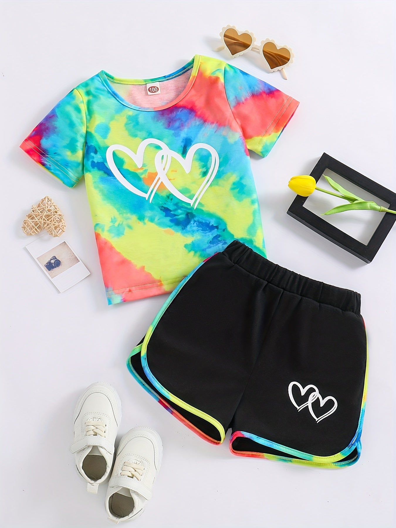 1 pcs Adorable Toddler Girls' Heart Graphic Tees - Casual Round Neck, Contrast Binding, Breathable Fabric, Comfortable Fit - Summer Outfit, Track Shorts, Kids' Wardrobe Essentia