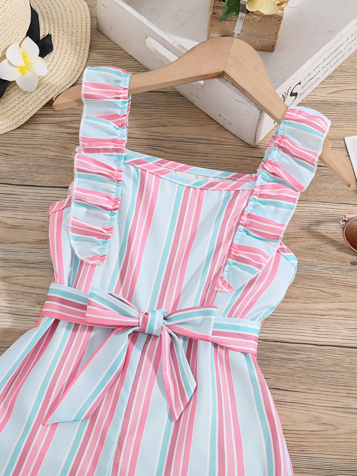 Girls Sleeveless Ruffle Trim Romper Striped Jumpsuit With Belt Kids Summer Clothes