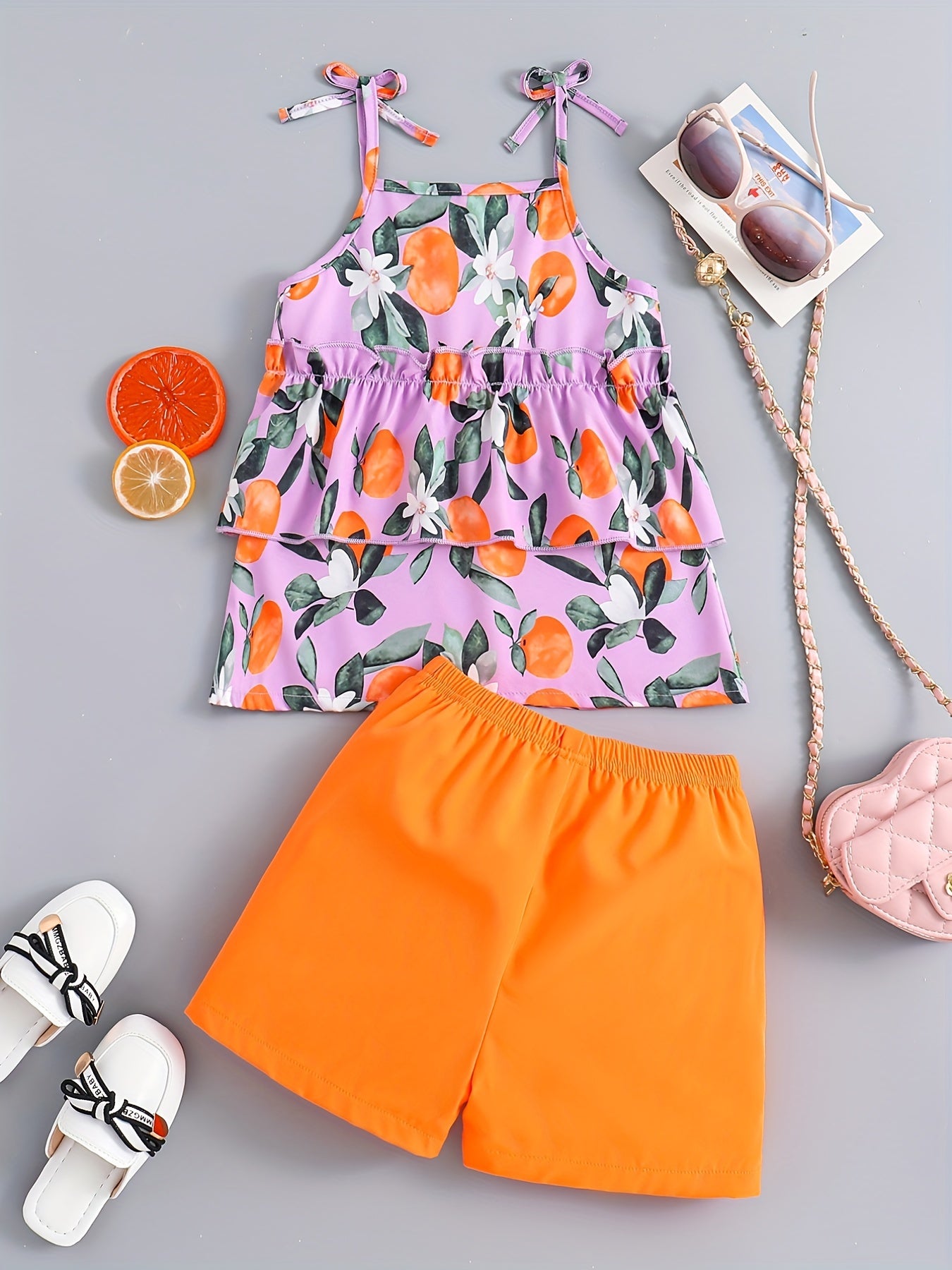 2pcs Girls Fruit Print Layered Hem Bow Cami Top & Elastic Waist Shorts Set Kids Summer Clothes