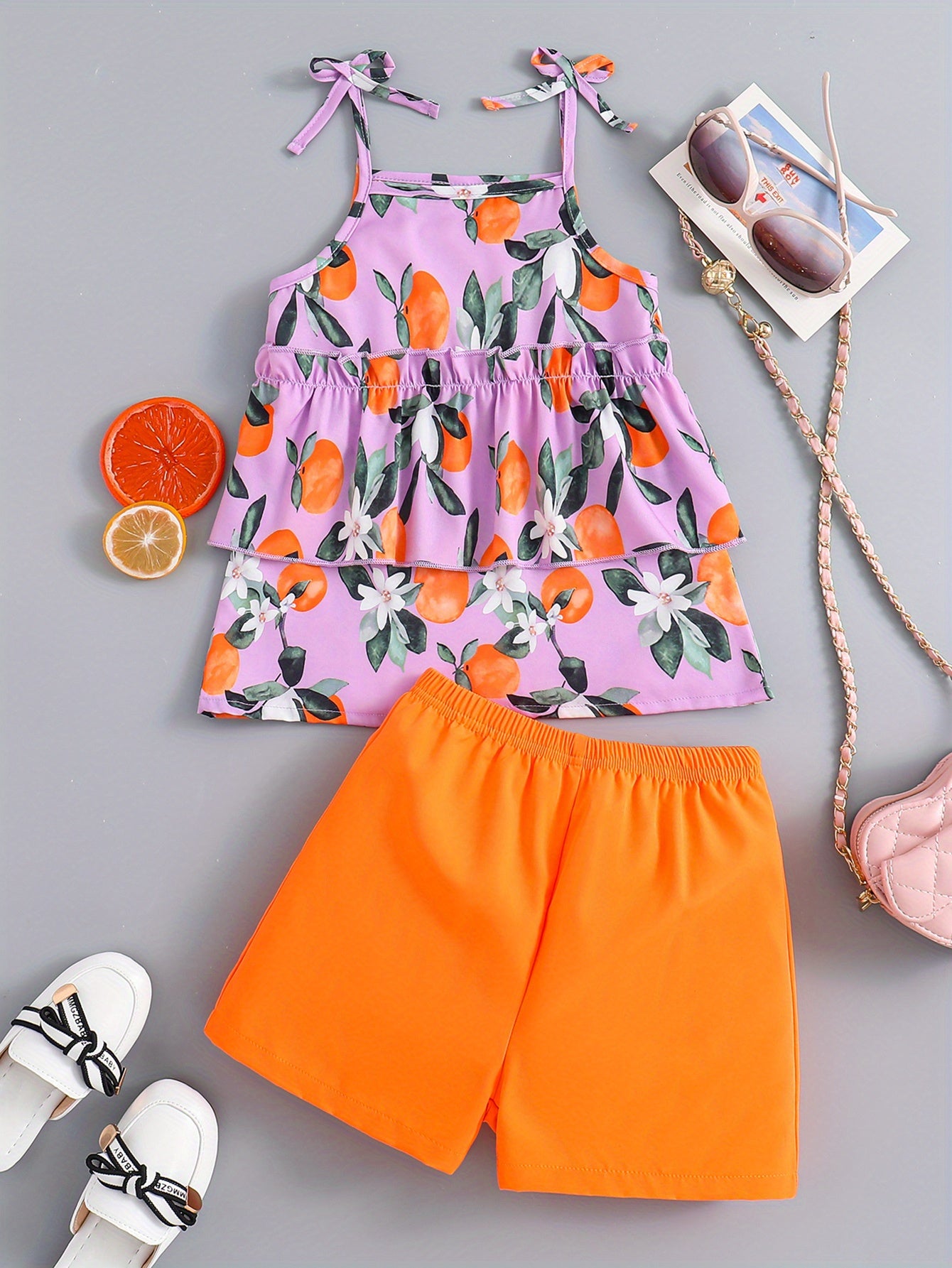 2pcs Girls Fruit Print Layered Hem Bow Cami Top & Elastic Waist Shorts Set Kids Summer Clothes
