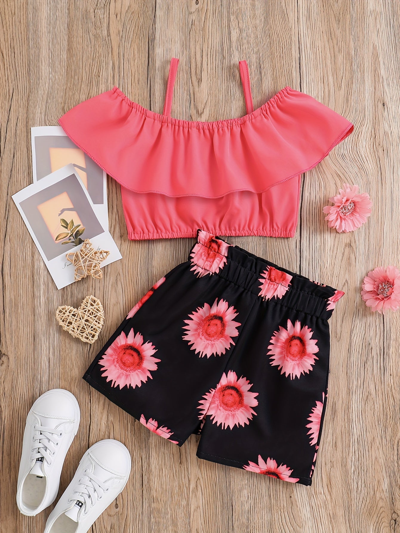 2pcs Toddler Girls Ruffle Trim Cold Shoulder Crop Top & Sunflower Graphic Shorts Set Kids Summer Clothes