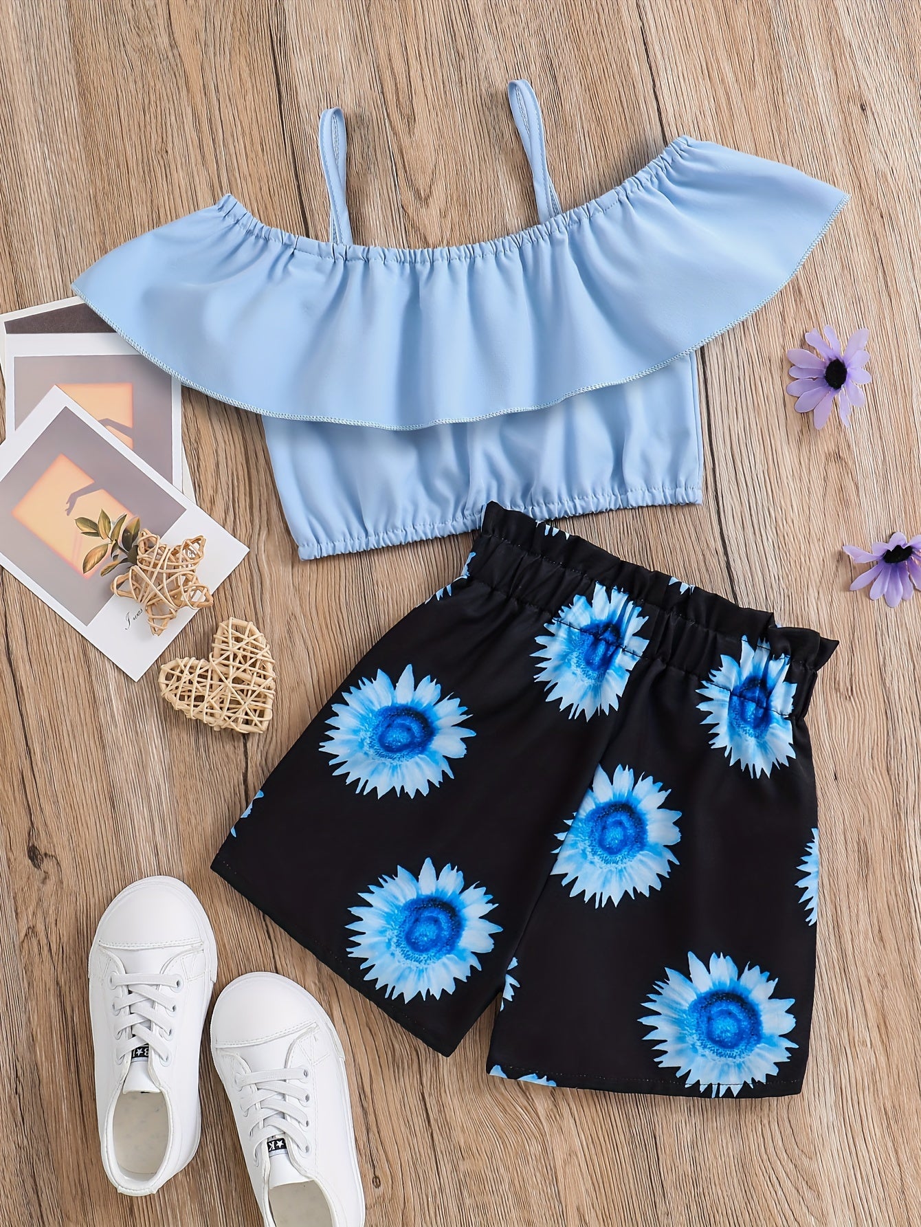 2pcs Toddler Girls Ruffle Trim Cold Shoulder Crop Top & Sunflower Graphic Shorts Set Kids Summer Clothes