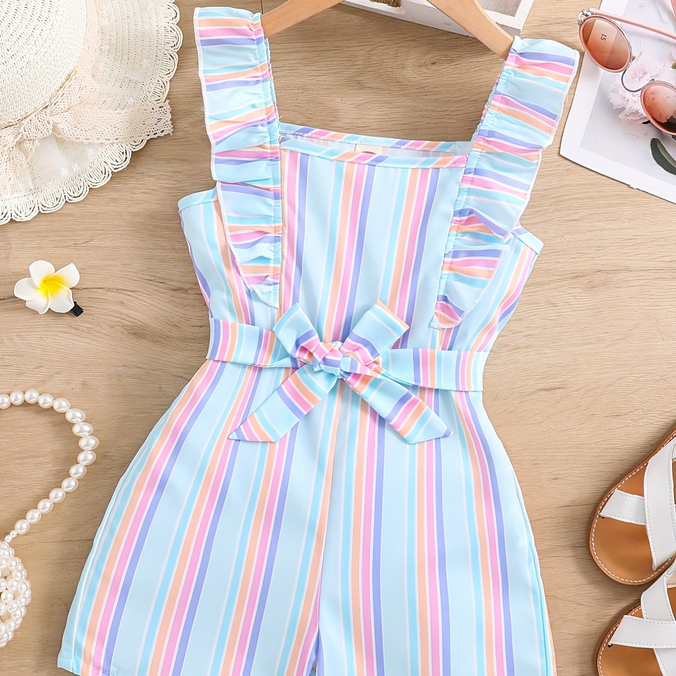 Girls Sleeveless Ruffle Trim Romper Striped Jumpsuit With Belt Kids Summer Clothes