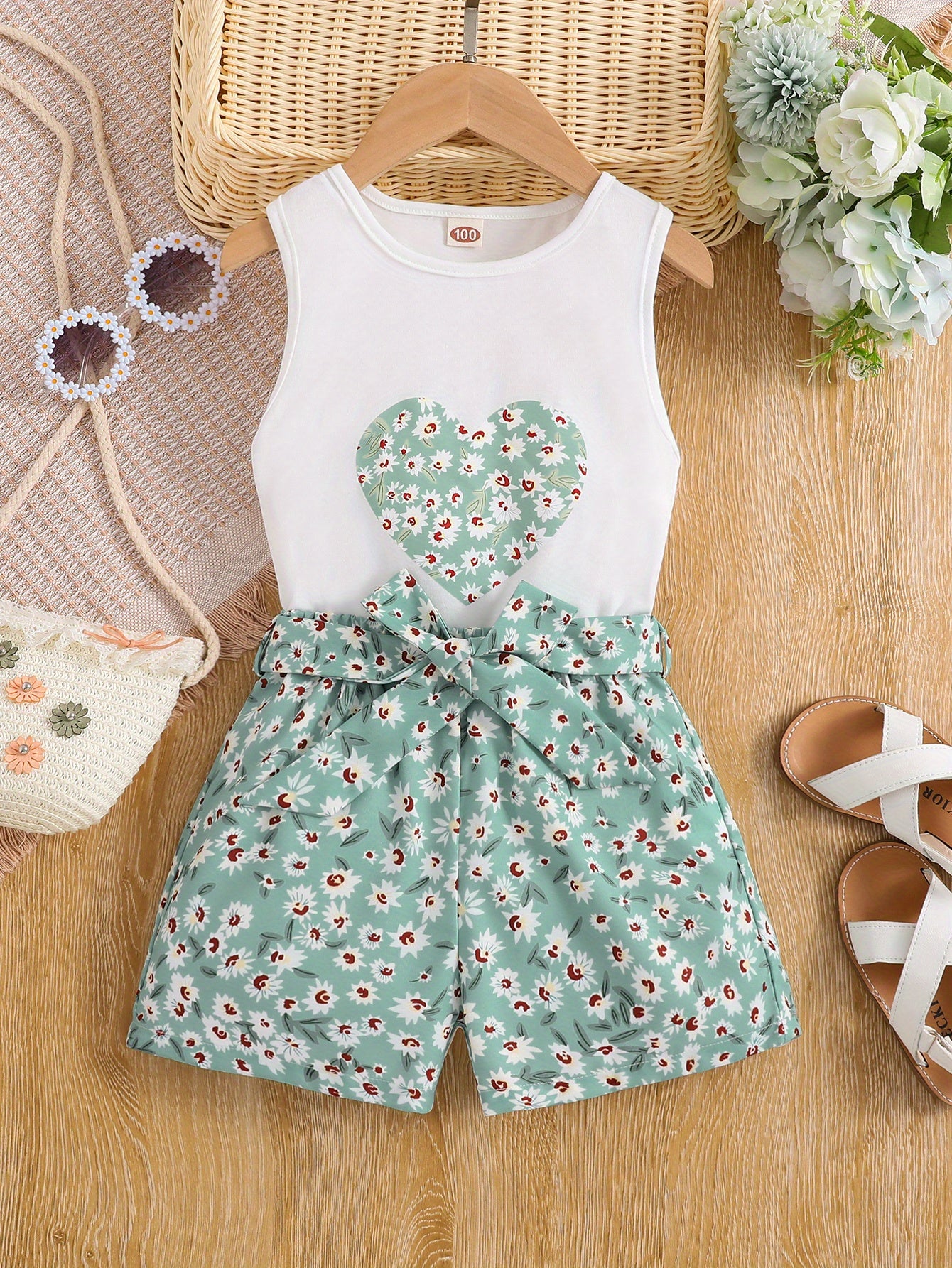 Girls 2pcs Round Neck Sleeveless Tank Top & Elastic Waist Shorts With Belt Floral Love Print Casual Kids Clothes Summer