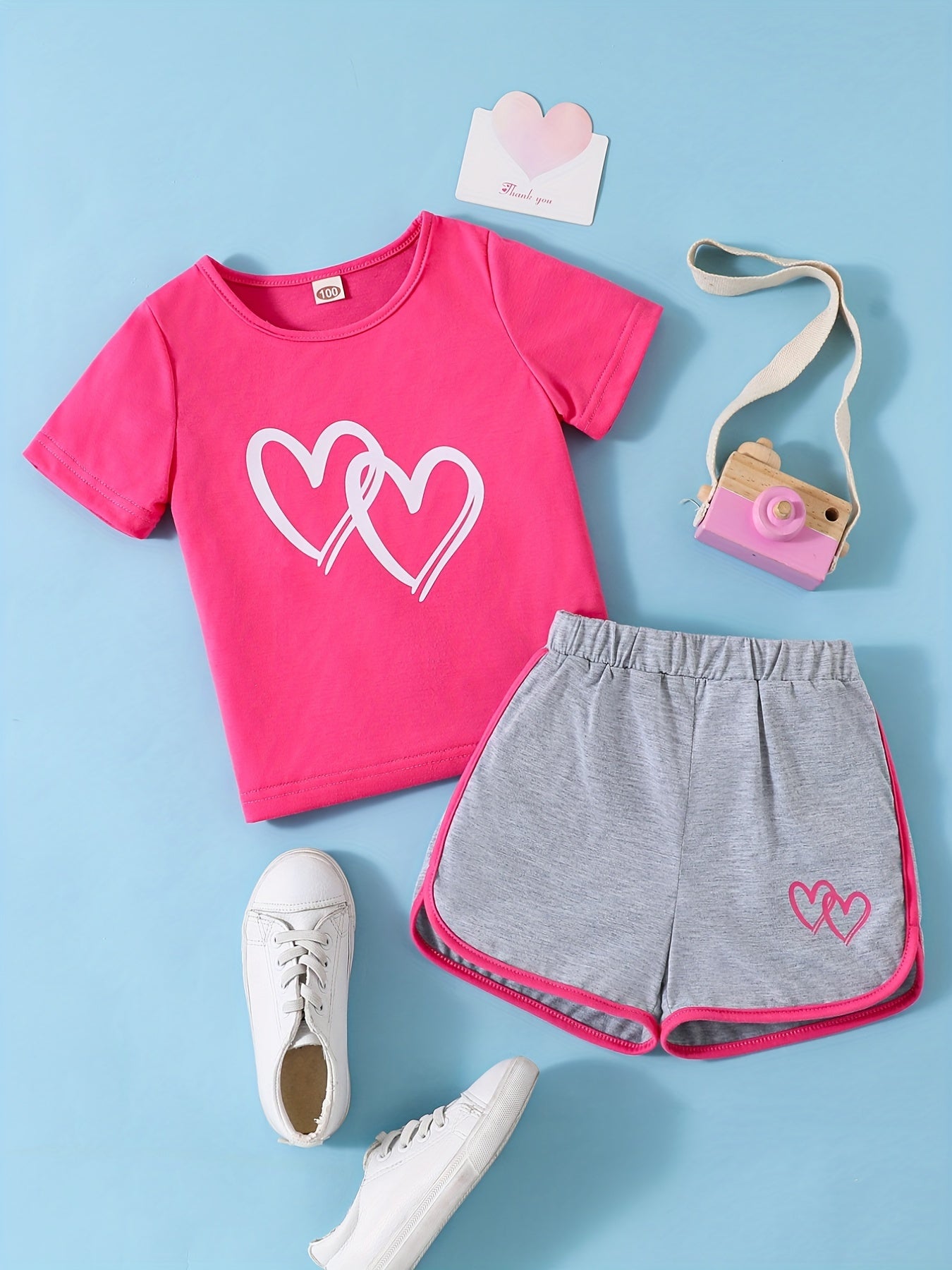 1 pcs Adorable Toddler Girls' Heart Graphic Tees - Casual Round Neck, Contrast Binding, Breathable Fabric, Comfortable Fit - Summer Outfit, Track Shorts, Kids' Wardrobe Essentia