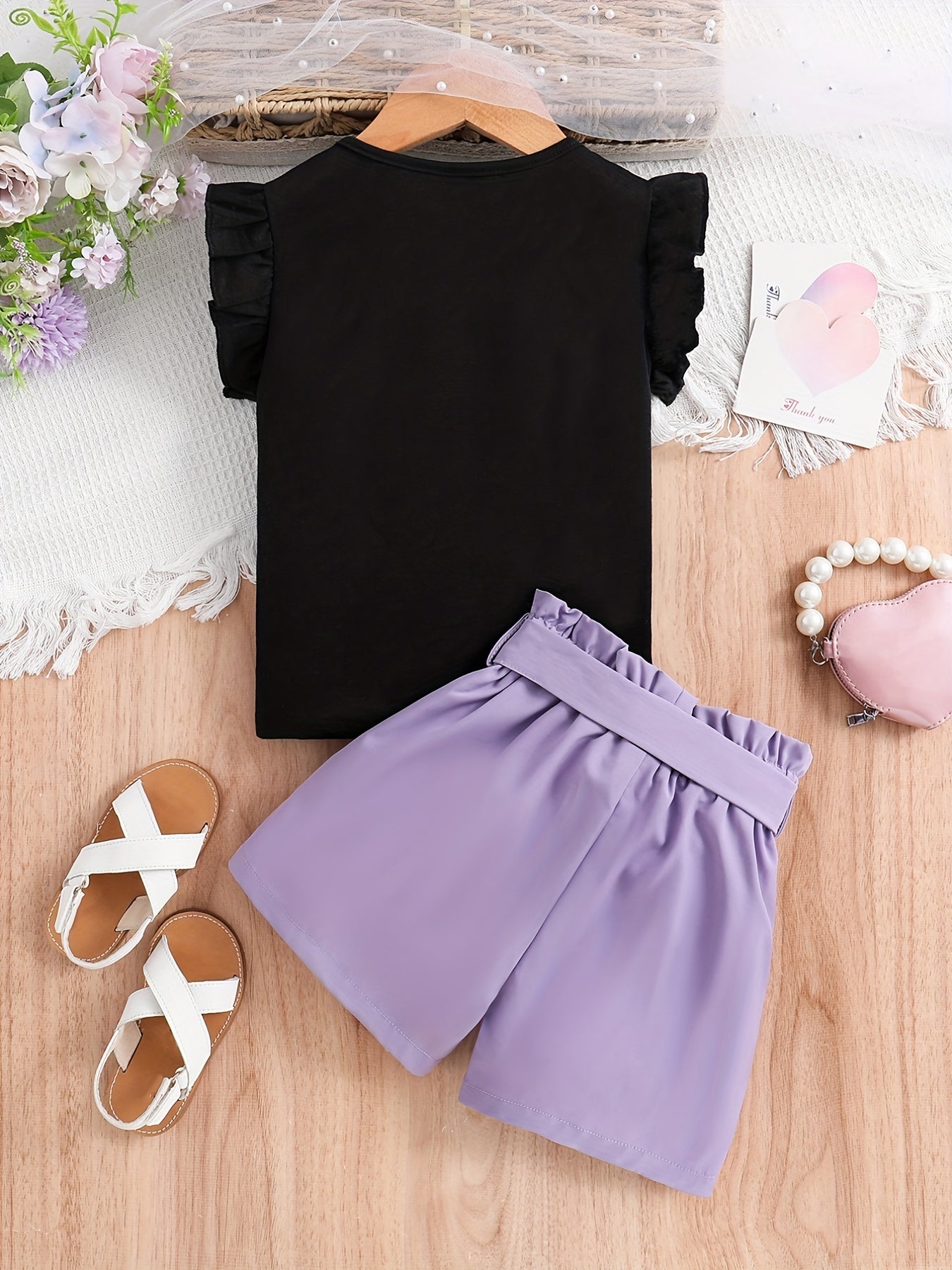 2pcs Girls Daily Casual Heart Print Crew Neck Sleeveless Top & Bow Shorts With Belt For Summer Kids Clothes
