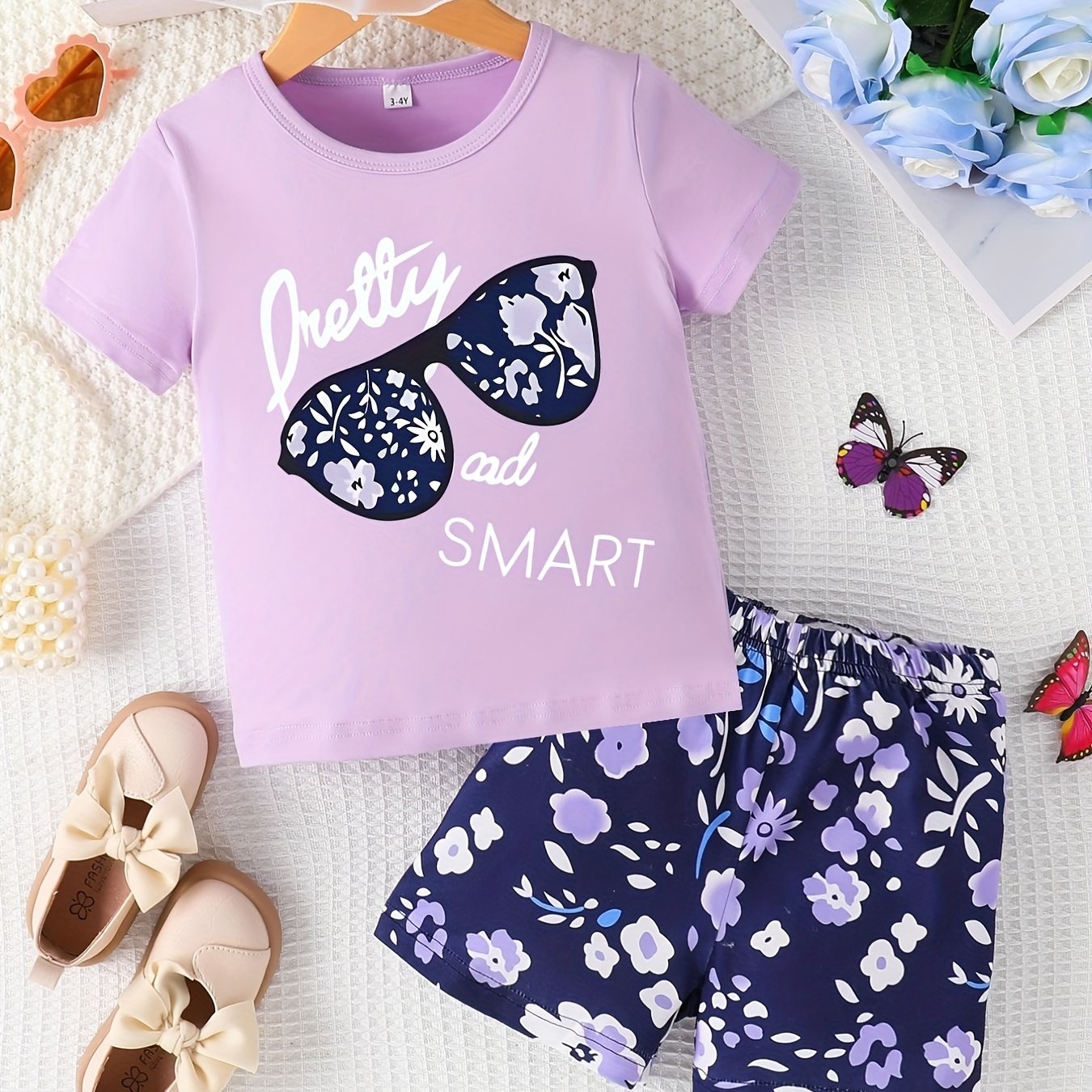 Kids' Alphabet Print Casual Short Set - Round Neck Spring/Autumn Outfit for Boys and Girls - Soft Polyester Blend, Machine Washable, Comfortable and Breathable