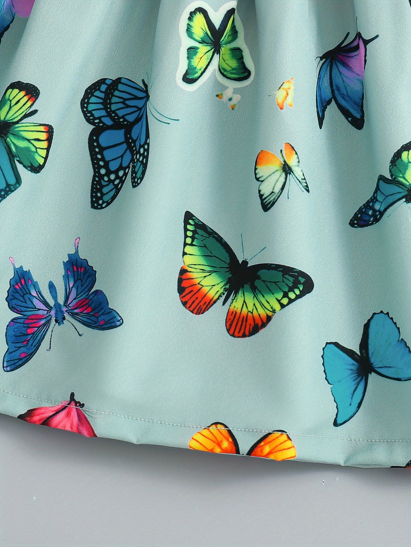 Girls Shirred Puff Sleeve Frill Trim Butterfly Pattern Party Dress Kids Summer Clothes