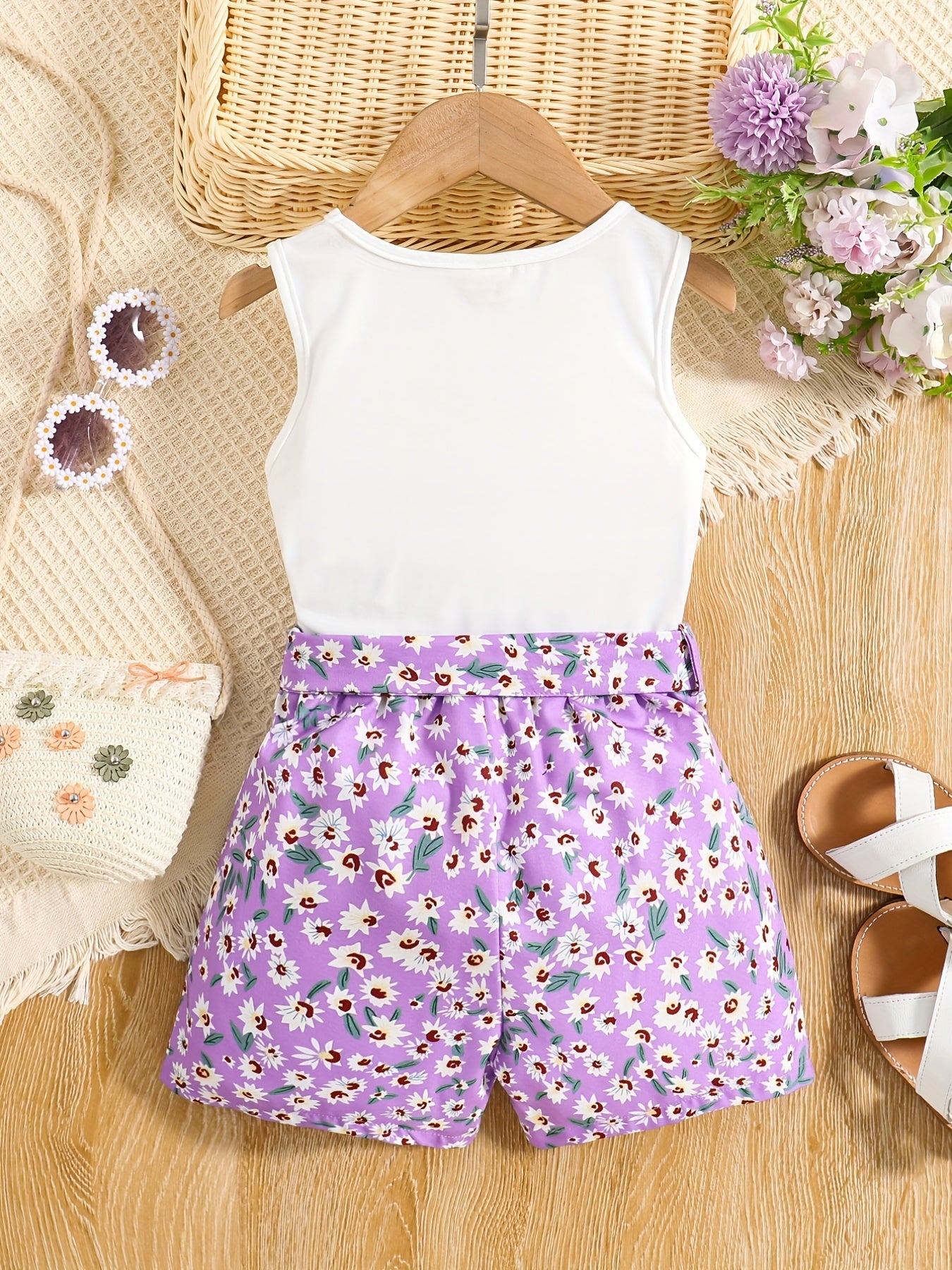 Girls 2pcs Round Neck Sleeveless Tank Top & Elastic Waist Shorts With Belt Floral Love Print Casual Kids Clothes Summer