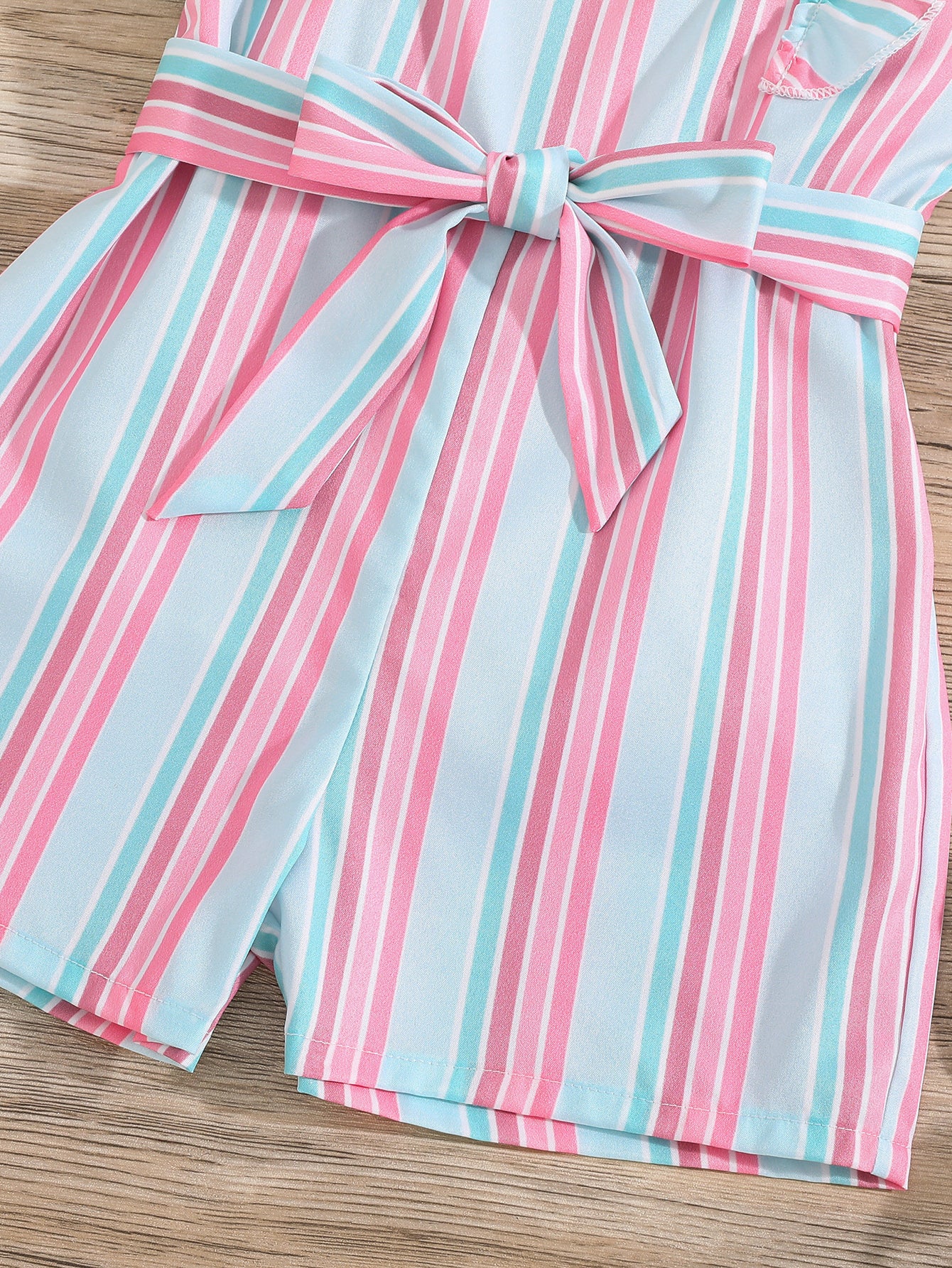 Girls Sleeveless Ruffle Trim Romper Striped Jumpsuit With Belt Kids Summer Clothes