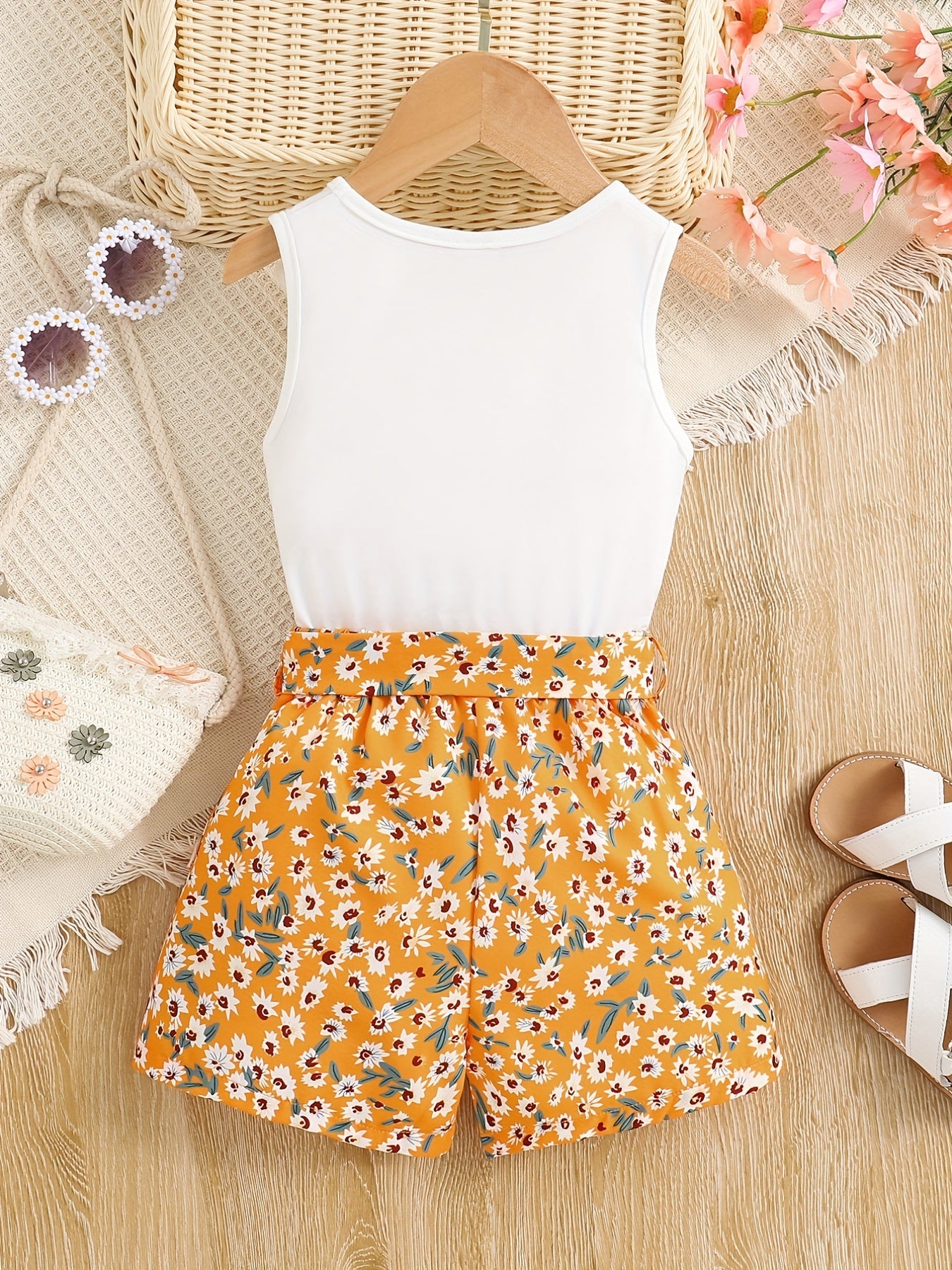 Girls 2pcs Round Neck Sleeveless Tank Top & Elastic Waist Shorts With Belt Floral Love Print Casual Kids Clothes Summer