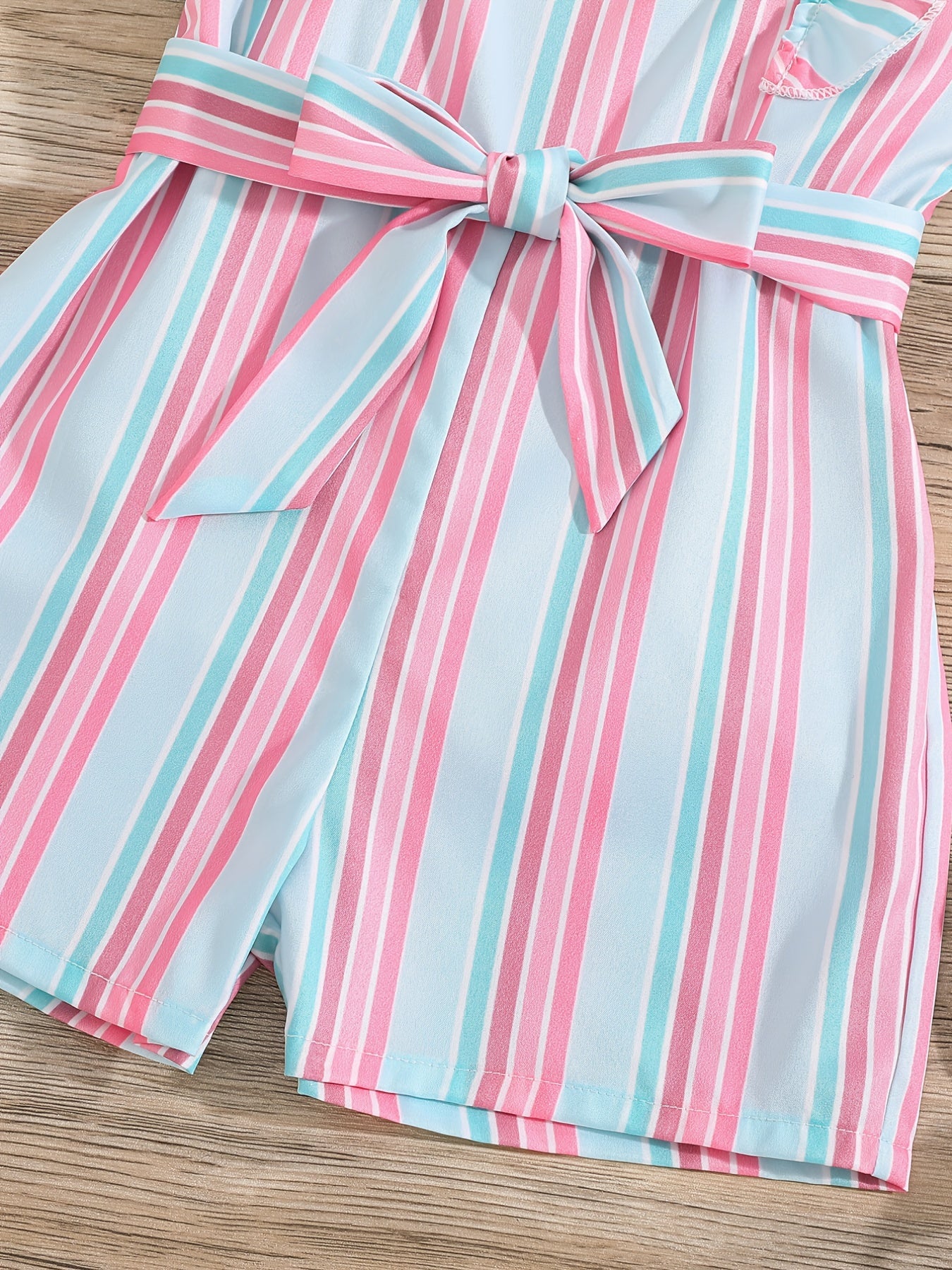 Girls Sleeveless Ruffle Trim Romper Striped Jumpsuit With Belt Kids Summer Clothes