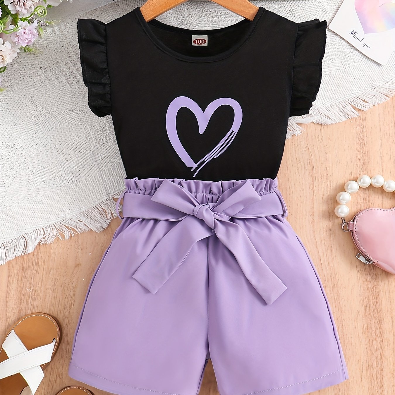 2pcs Girls Daily Casual Heart Print Crew Neck Sleeveless Top & Bow Shorts With Belt For Summer Kids Clothes