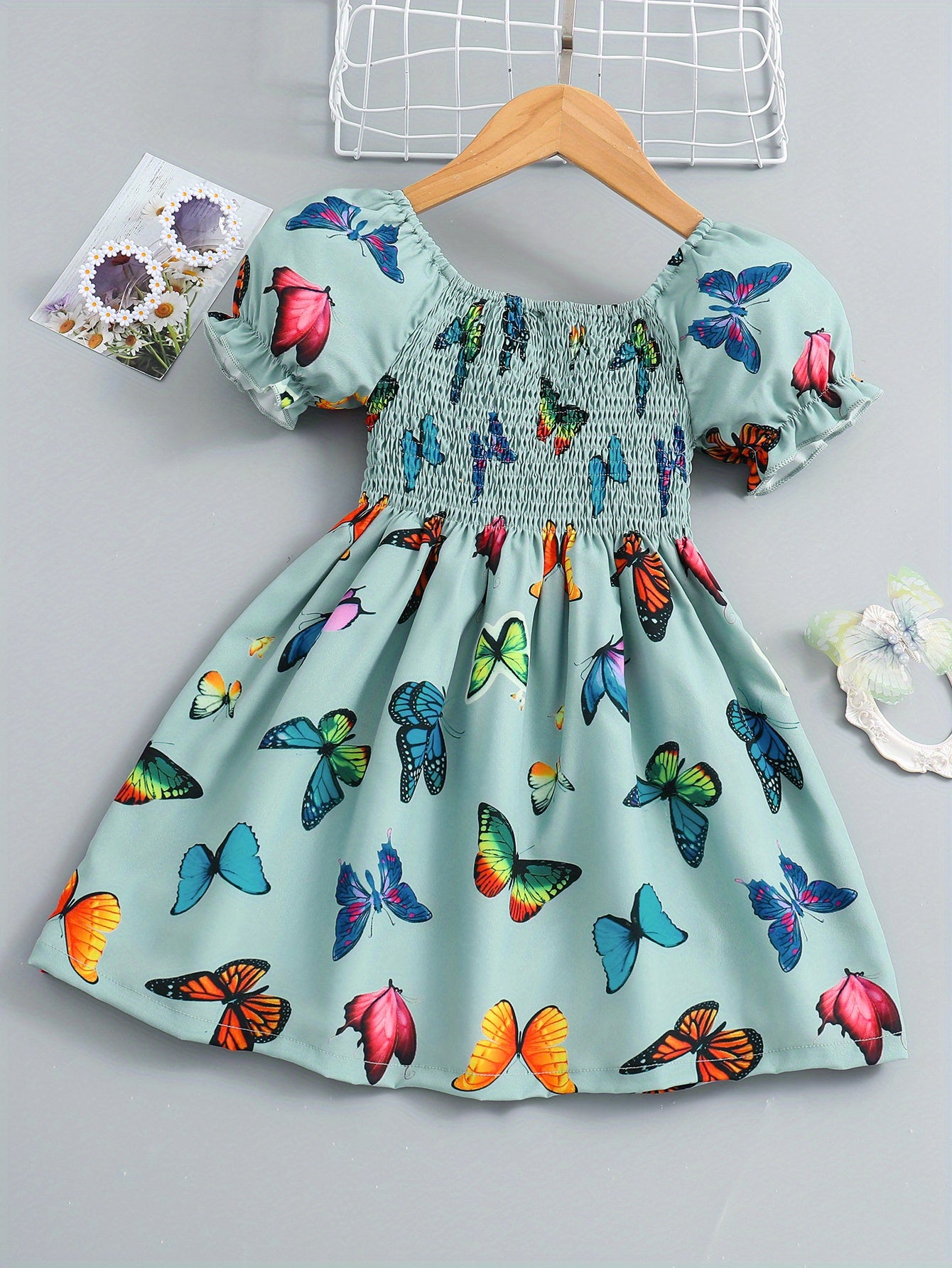 Girls Shirred Puff Sleeve Frill Trim Butterfly Pattern Party Dress Kids Summer Clothes