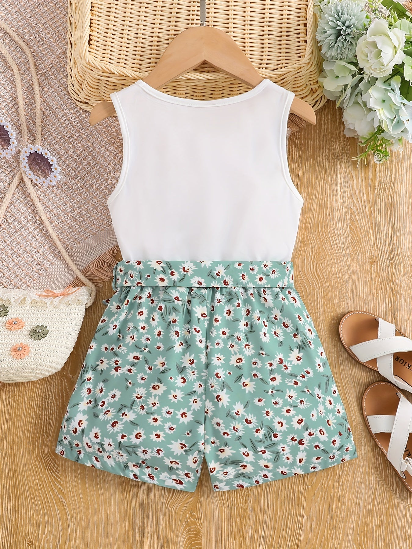 Girls 2pcs Round Neck Sleeveless Tank Top & Elastic Waist Shorts With Belt Floral Love Print Casual Kids Clothes Summer