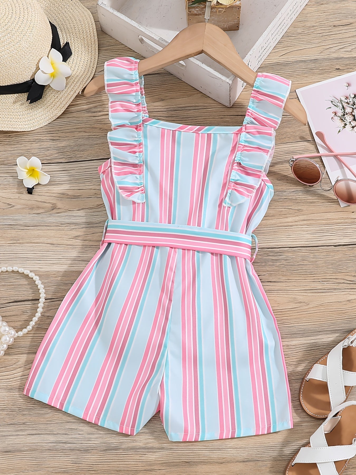 Girls Sleeveless Ruffle Trim Romper Striped Jumpsuit With Belt Kids Summer Clothes